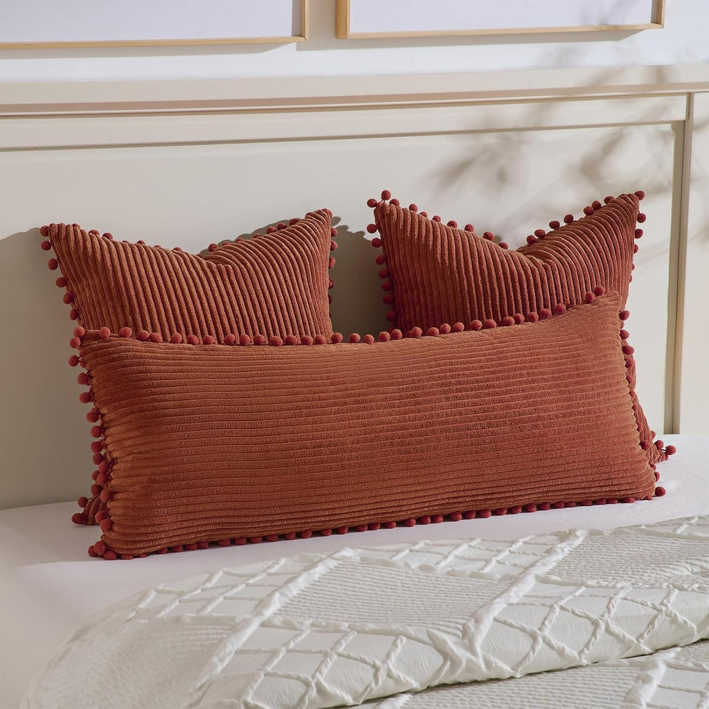 Fancy Homi 1 Pack Rust Long Lumbar Body Decorative Throw Pillow Covers 14x36 Inch with Pom-poms for Couch Sofa Bed, Farmhouse Boho Rustic…