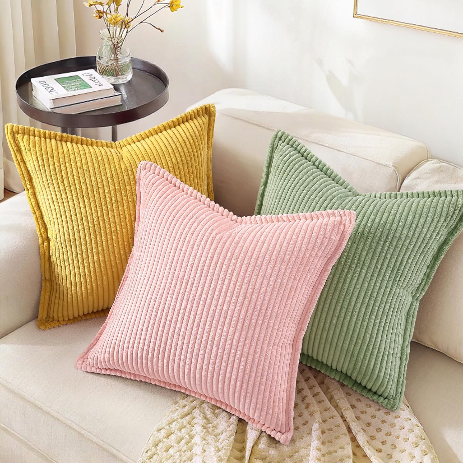 decorUhome Summer Corduroy Pink Throw Pillow Covers 18x18 Set of 2 Decorative Soft Boho Farmhouse Couch Pillow Covers for Living Room Bed S…