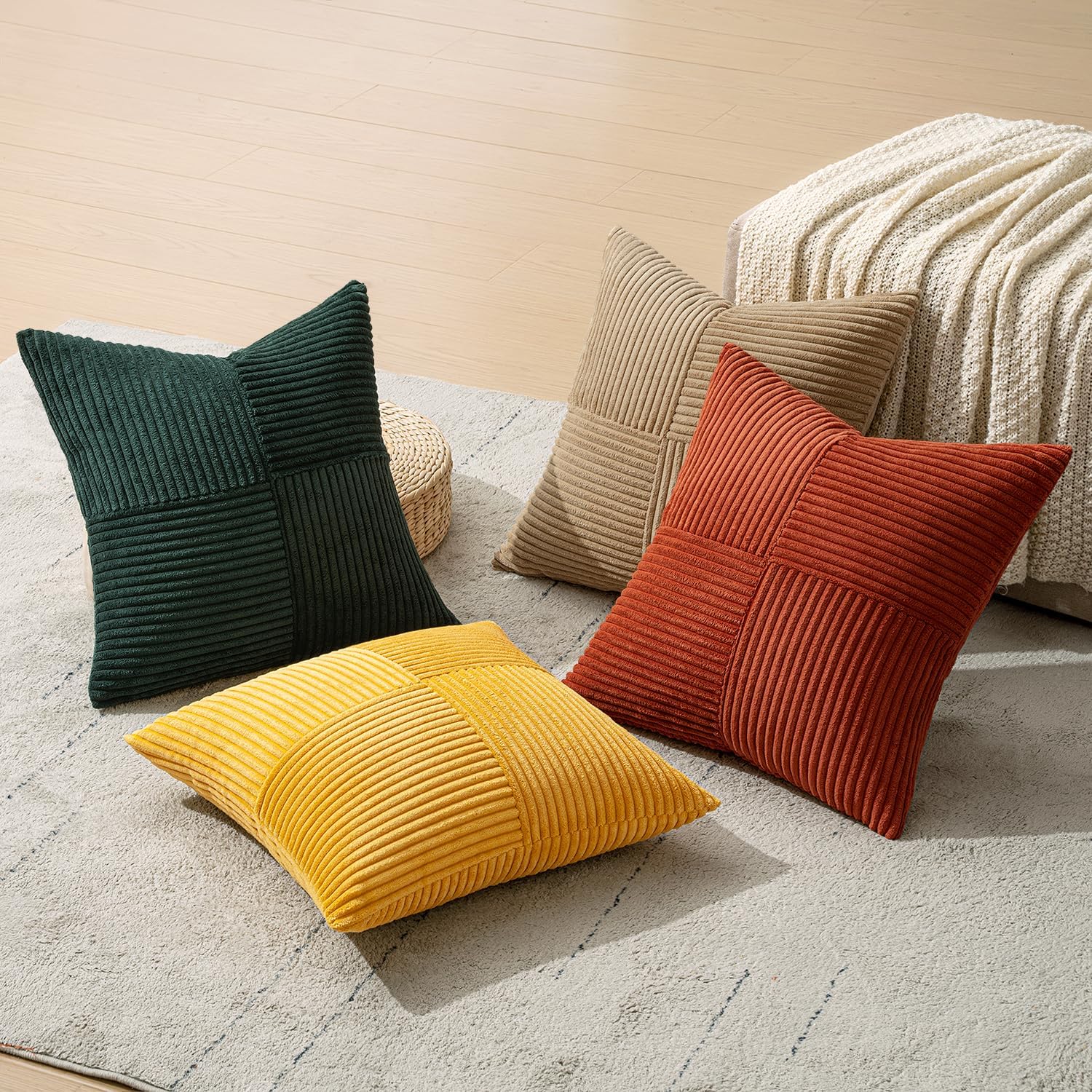 Miulee Green Rust Throw Pillow Covers 18x18 Inch Set of 4 Boho Farmhouse Soft Corduroy Striped Cushion Cases Decorative Color-Clash Home De…