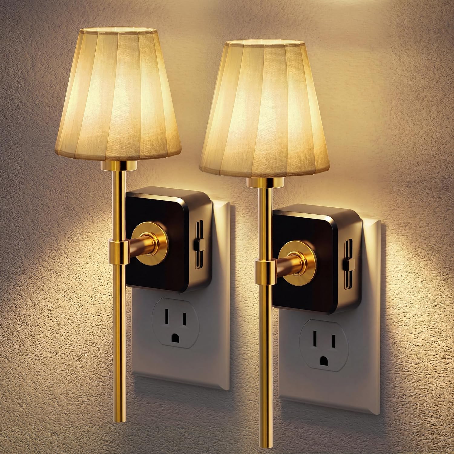 JandCase Night Lights Plug into Wall, 2 Pack Vintage Nightlights, Dusk to Dawn Sensor, 0-100LM Dimmable, Pleated Fabric Beige Lamp for…