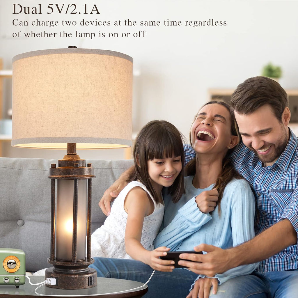 Set of 2 Farmhouse Lamps for Living Room, Rustic Vintage Bedroom Nightstand Table Lamp with 2 USB Charging Ports, Built-In Frosted Glass…