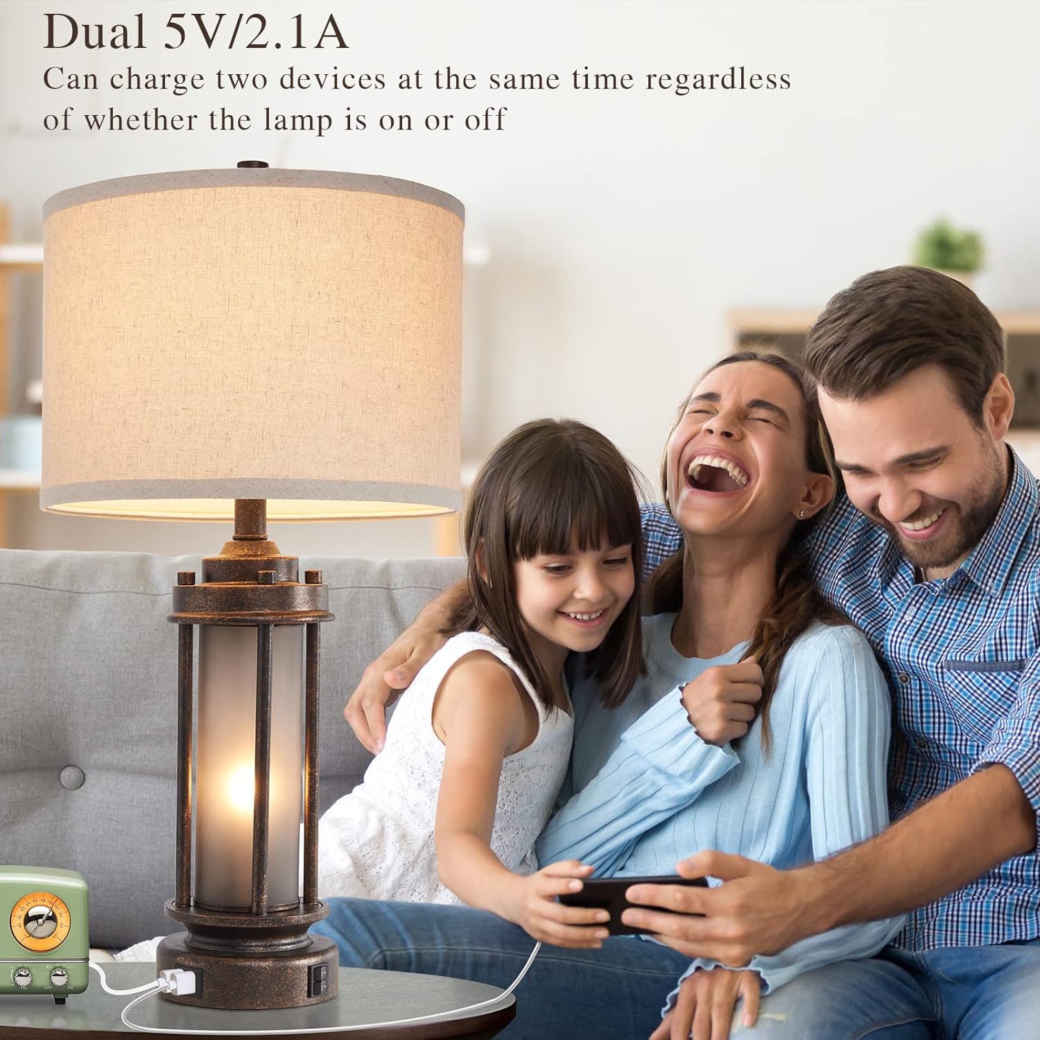 Set of 2 Farmhouse Lamps for Living Room, Rustic Vintage Bedroom Nightstand Table Lamp with 2 USB Charging Ports, Built-In Frosted Glass…