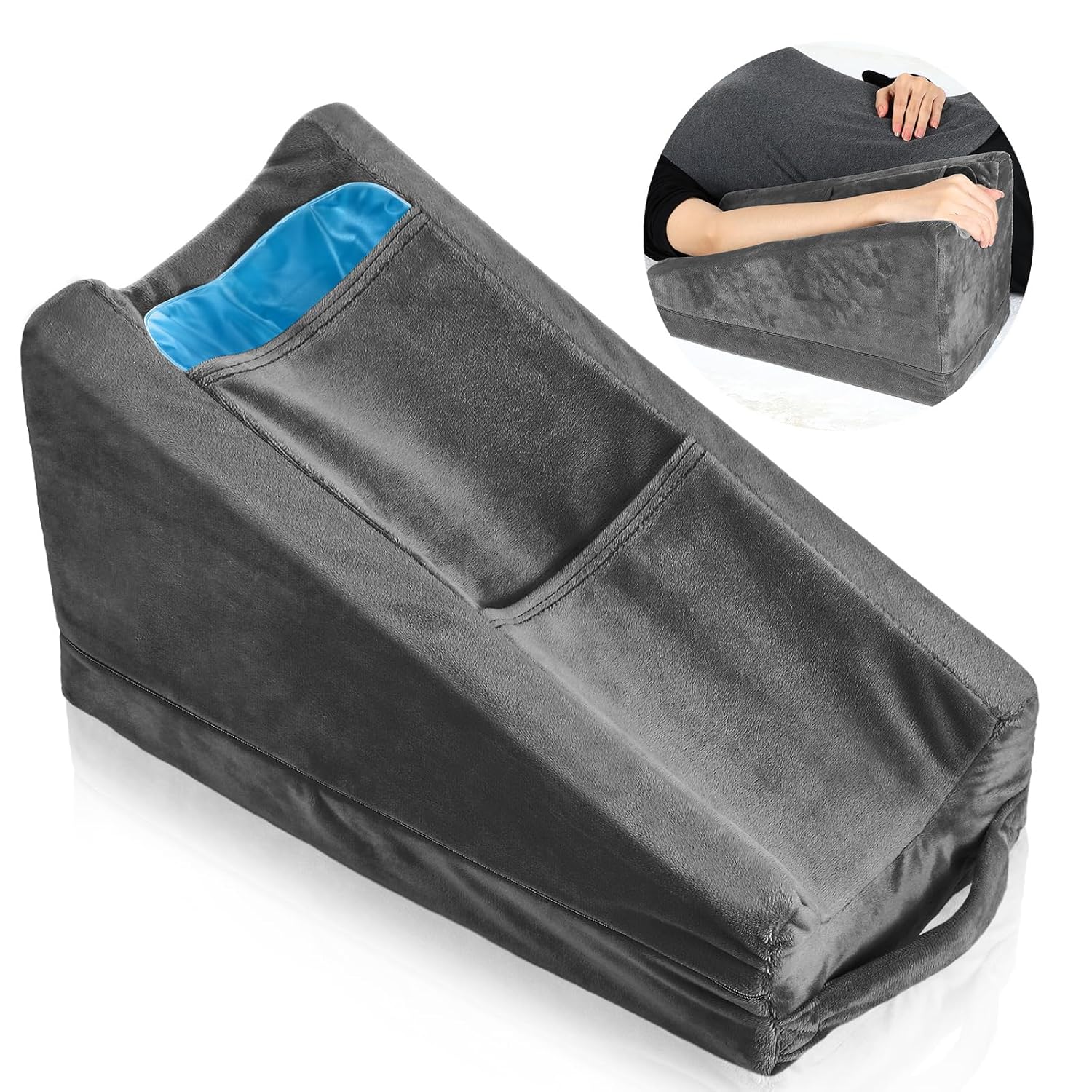 Buryeah Dark Gray Arm Elevation Pillow with 2 Pockets, Soft Ergonomic Support Pillow for Elbow Rest Wedge Broken Arm Elbow Gifts with High…