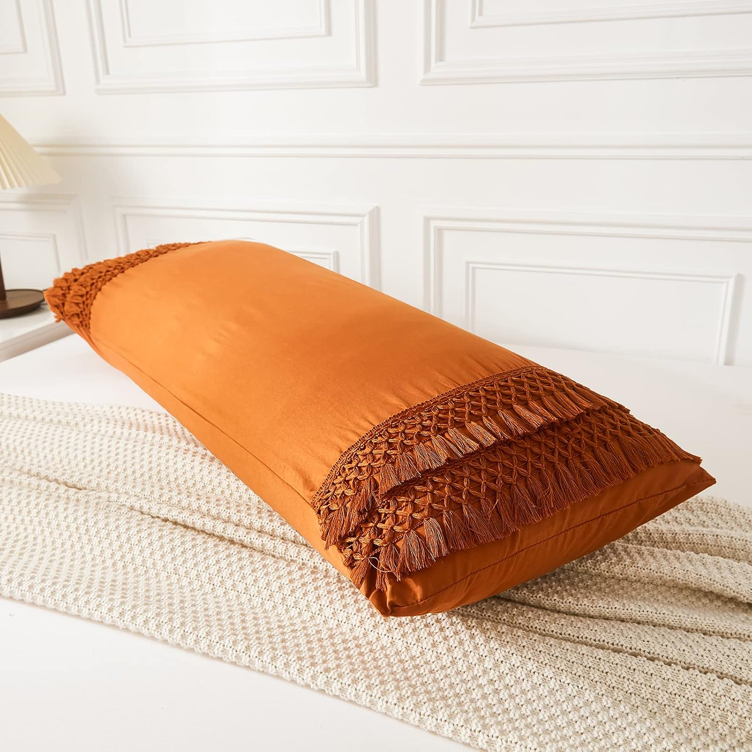 Moveover Move Over Burnt Orange Body Pillow Cover Macrame Grid Tassel Body Pillow Case Cover Boho Chic Decorative Pillow Case Covers 20x54…