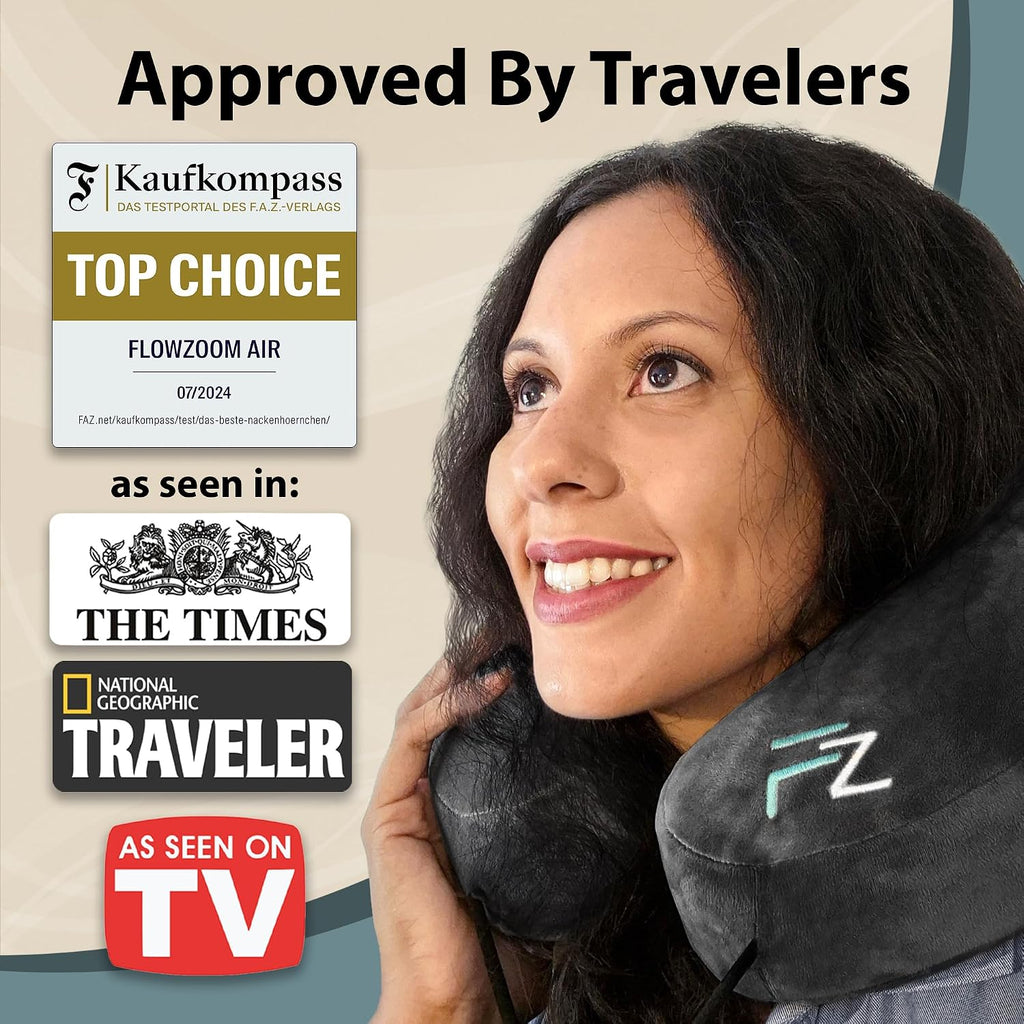 FLOWZOOM Air Inflatable Neck Pillow for Traveling on Plane - H-Shape Hooded Airplane Pillow with 5 Snooze Modes, Fast Inflation, Pressure…