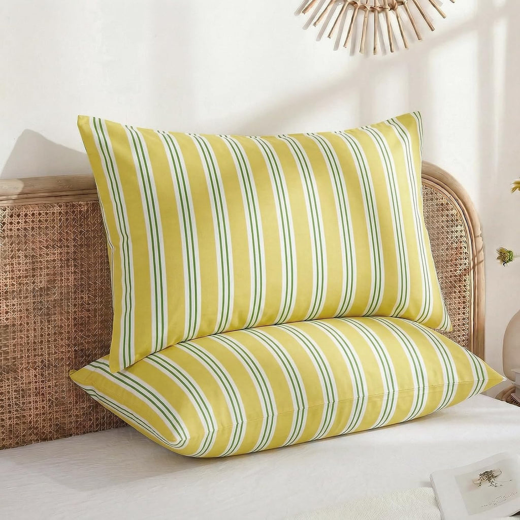 Merryword King Size Pillowcases, 100% Cotton Pillow Cases, Yellow and Green Striped Pillowcases, Soft Breathable Ribbon Stripe Pillow Cover…