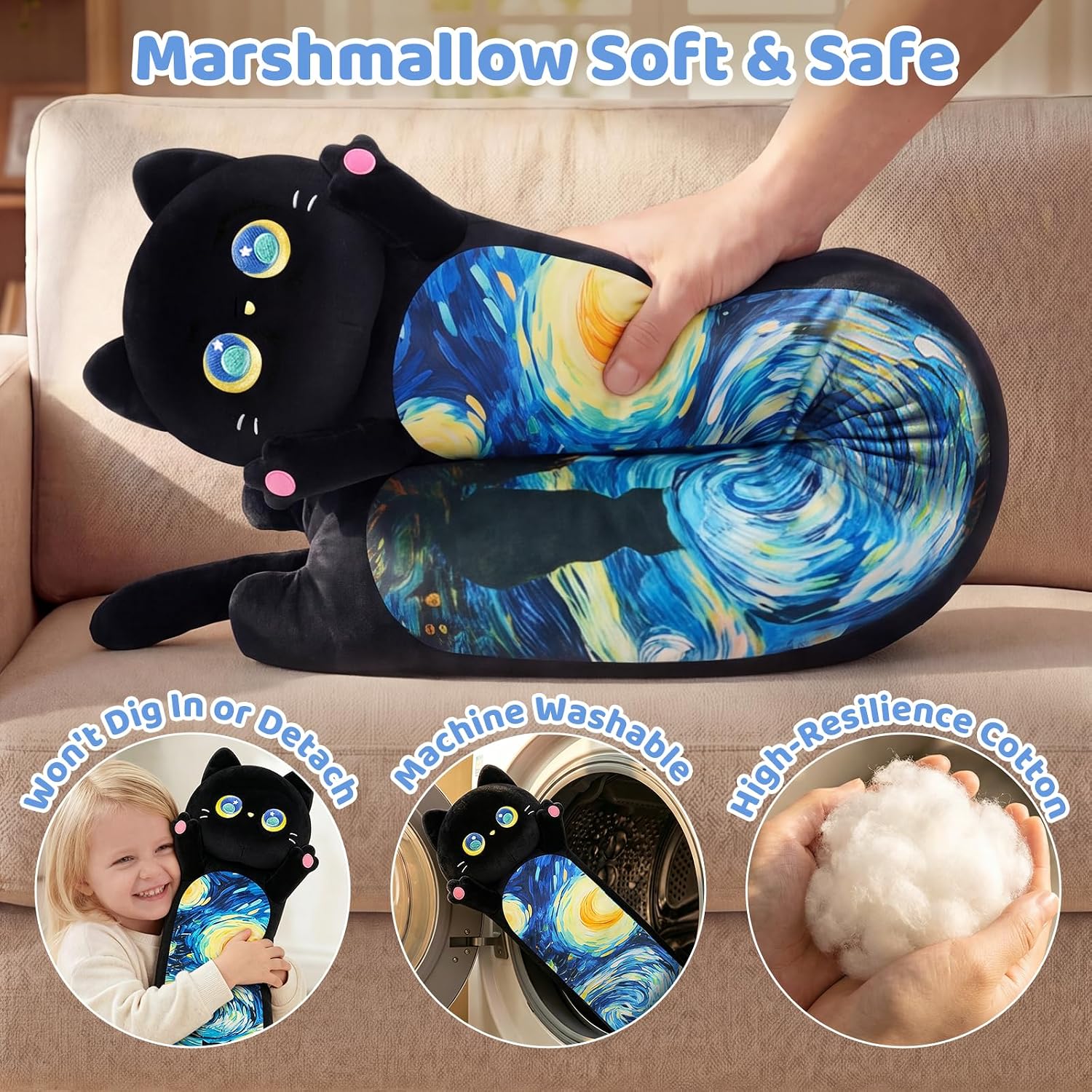Mewaii Long Cat Plush 5 Sizes, 120% Extra Filling Giant Plushness Kids Body Pillow, Kawaii Cute Black Starry Cat Stuffed Animals…