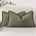 decorUhome Summer Decorative Neutral Linen Fringe Lumbar Throw Pillow Covers Set of 2 Olive Green Pillow Covers with Tassels Soft Farmhouse…