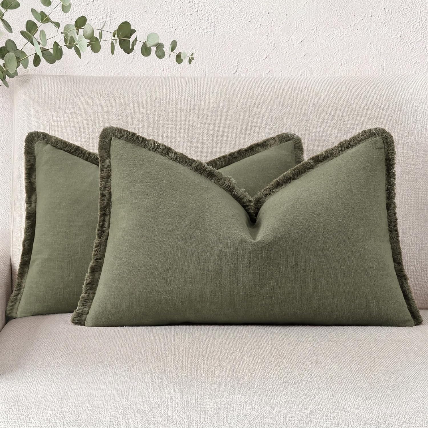 decorUhome Summer Decorative Neutral Linen Fringe Lumbar Throw Pillow Covers Set of 2 Olive Green Pillow Covers with Tassels Soft Farmhouse…