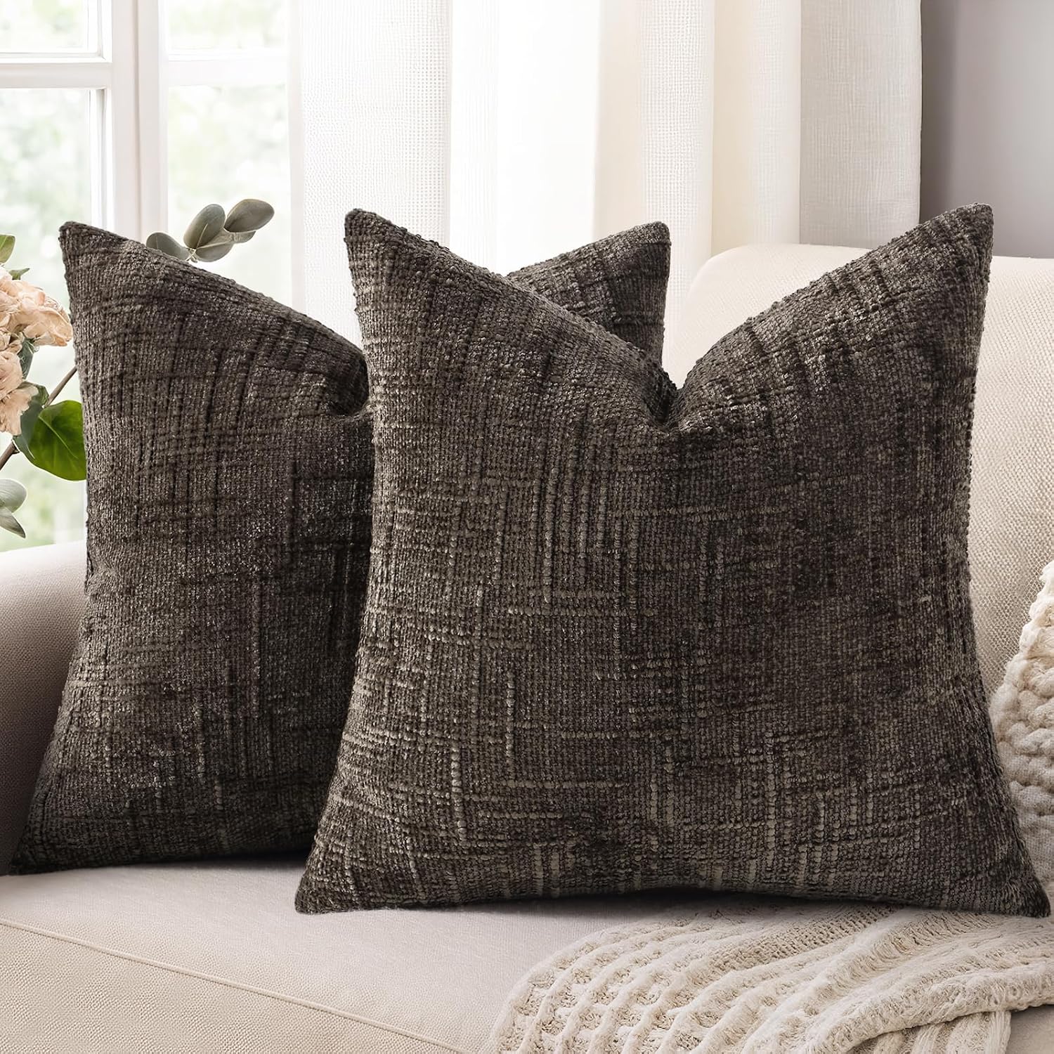 decorUhome Dark Brown Chenille Throw Pillow Covers 18x18 Set of 2 Textured Soft Cozy Slubby Couch Pillow Covers Modern Farmhouse Boho Decor…
