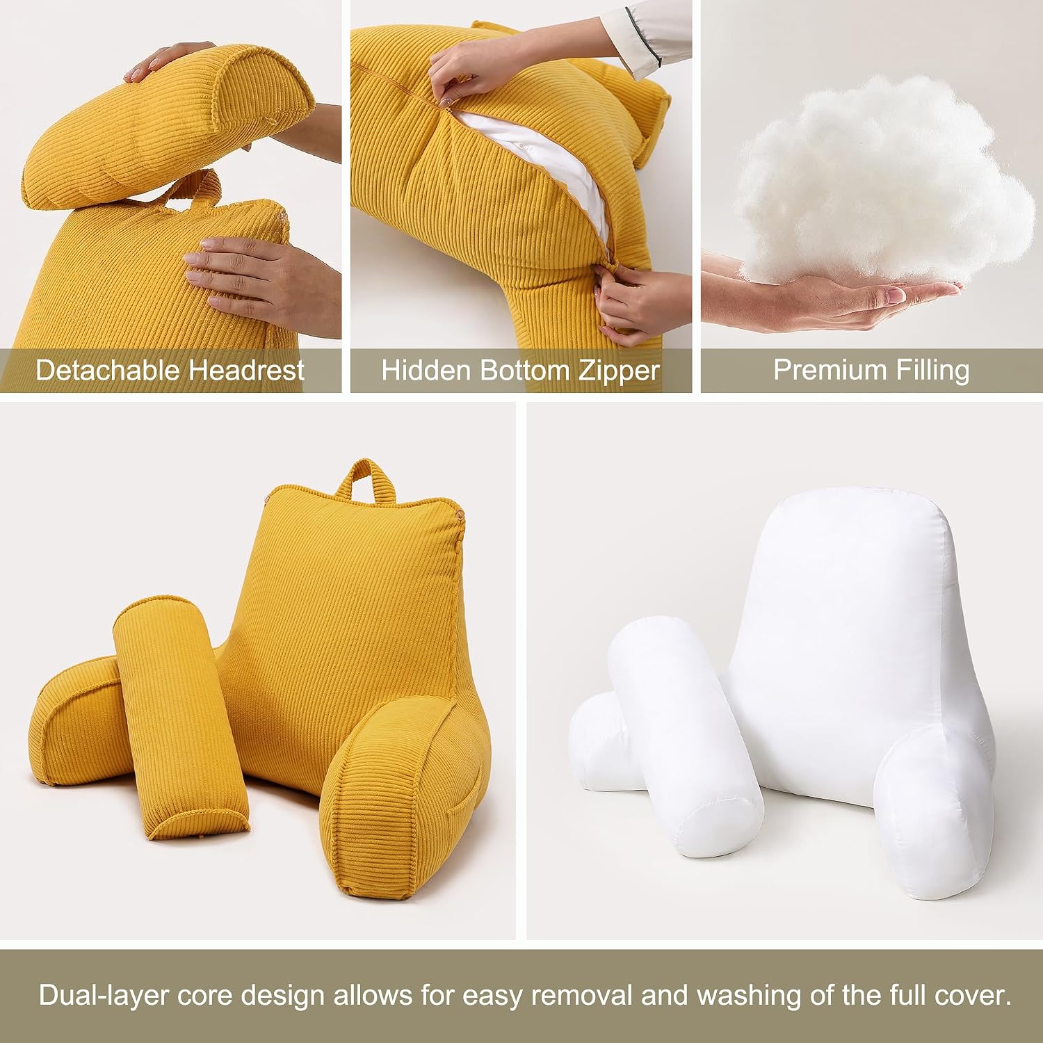 Ailuteie Reading Pillow for Sitting Up in Bed, Backrest Cushion with Arms, Corduroy Support Pillow with Side Pockets & Washable Cover, for…