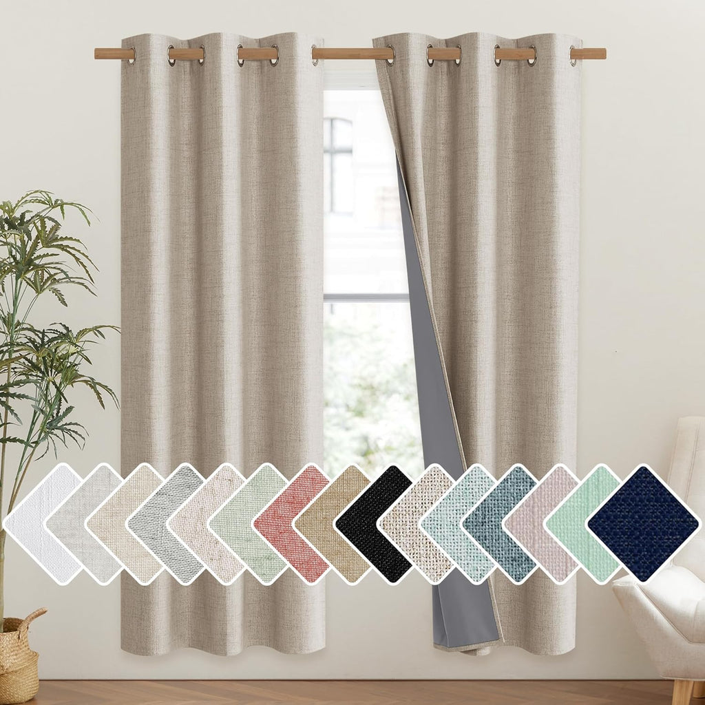 NICETOWN Oatmeal Vintage Open Linen Weave Flax Thermal Curtains, 100% Blackout Curtains 72" Long for Dining Room, Soundproof Window…
