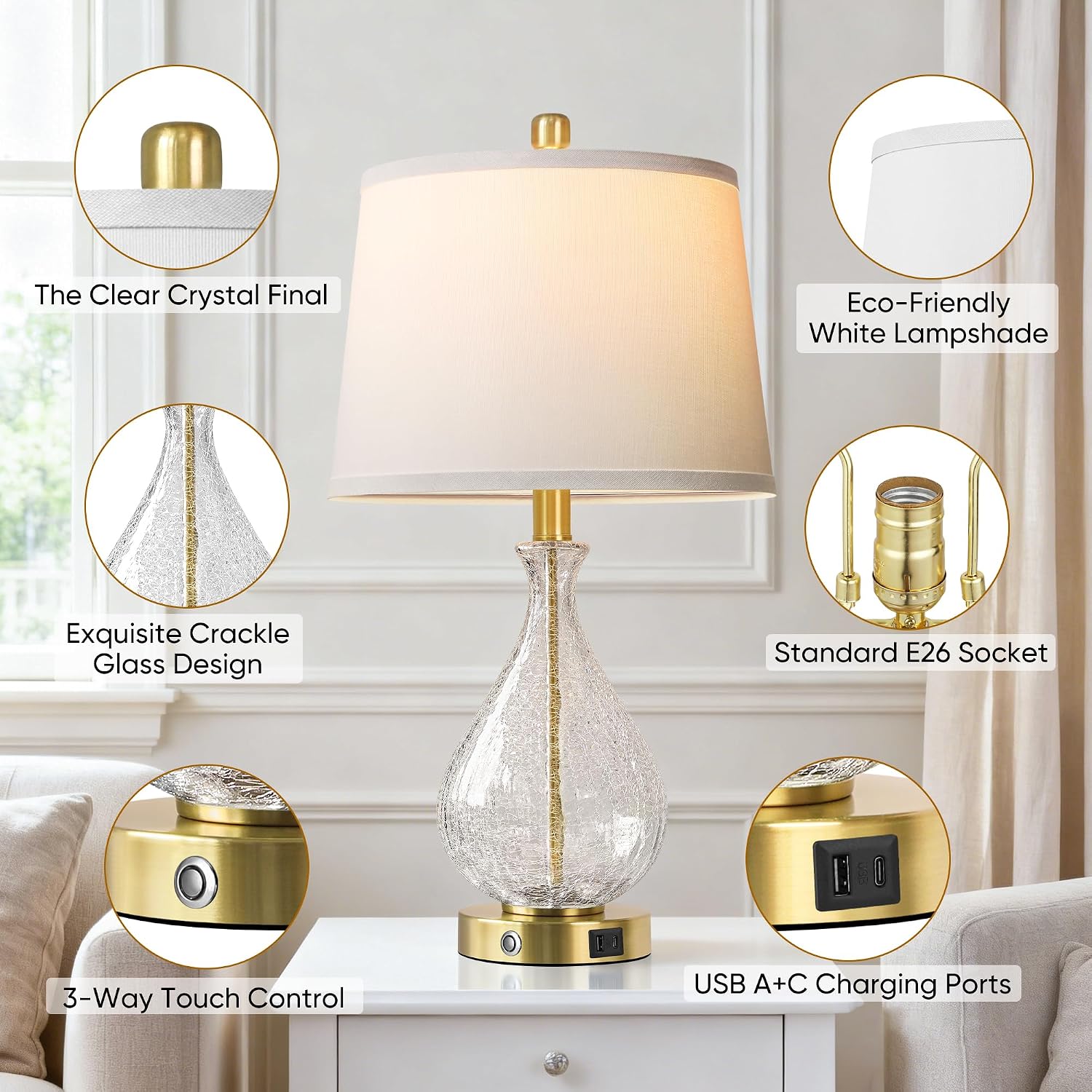 QiMH Glass Table Lamps for Living Room, Bedside Lamps Set of 2 with USB A+C Charging Ports, 3 Way Dimmable Touch Lamps for Nightstand…