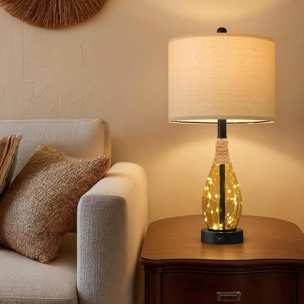 OYEARS 23" Table Lamps for Living Room Set of 2 Bedside Lamps for Night Stands Bedroom Lamps Farmhouse Rattan Boho Lamp Glass Nightlight…