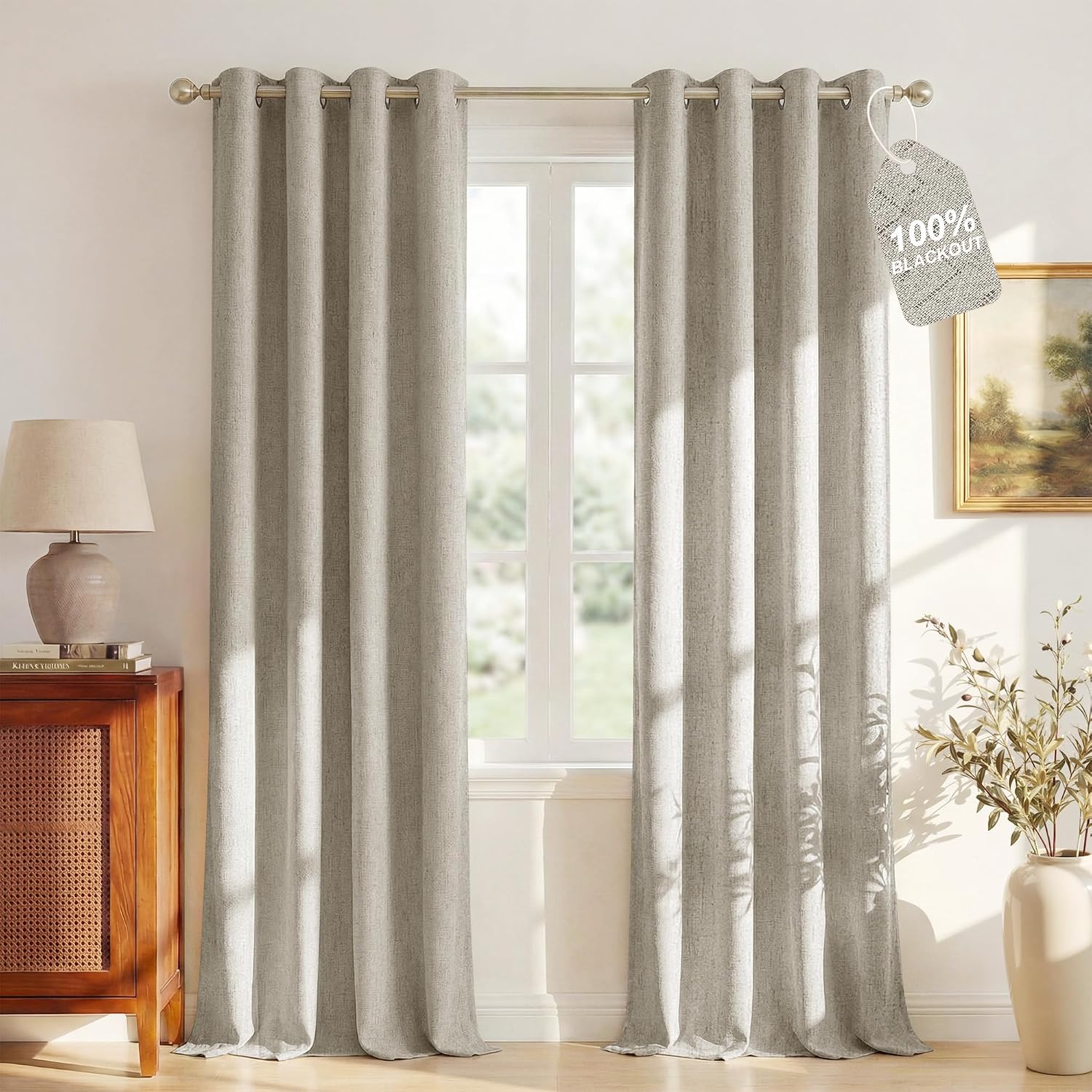 Nicetown 100% Blackout Beige 108 inch Farmhouse Curtains, White Liner Composite Grommet Linen Blend Window Treatments Thermal Drapes Sound…