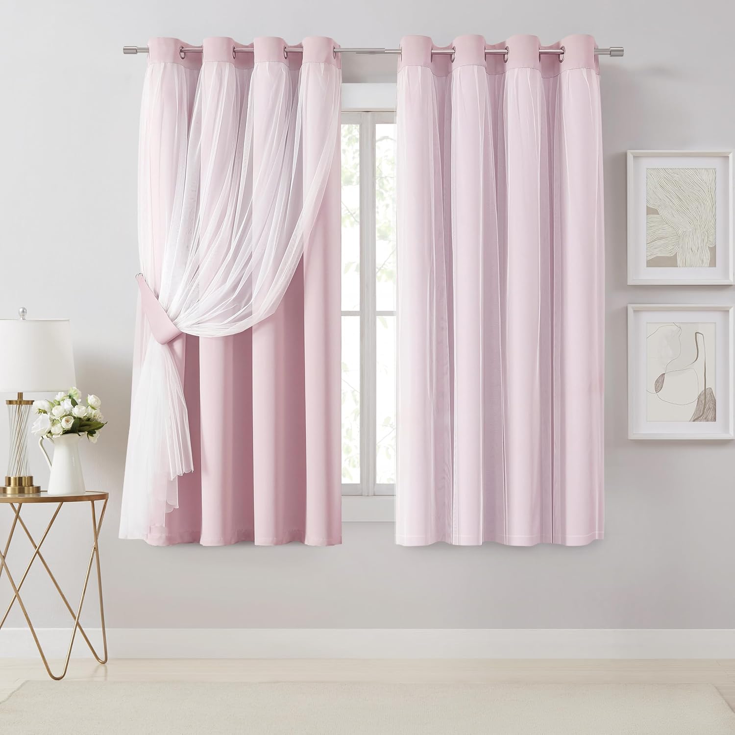 Bujasso Pink Blackout Curtains with Sheer Overlay Mix and Match Double Layer 80% Room Darkening Window Treatment Set for Girls Bedroom Livi…