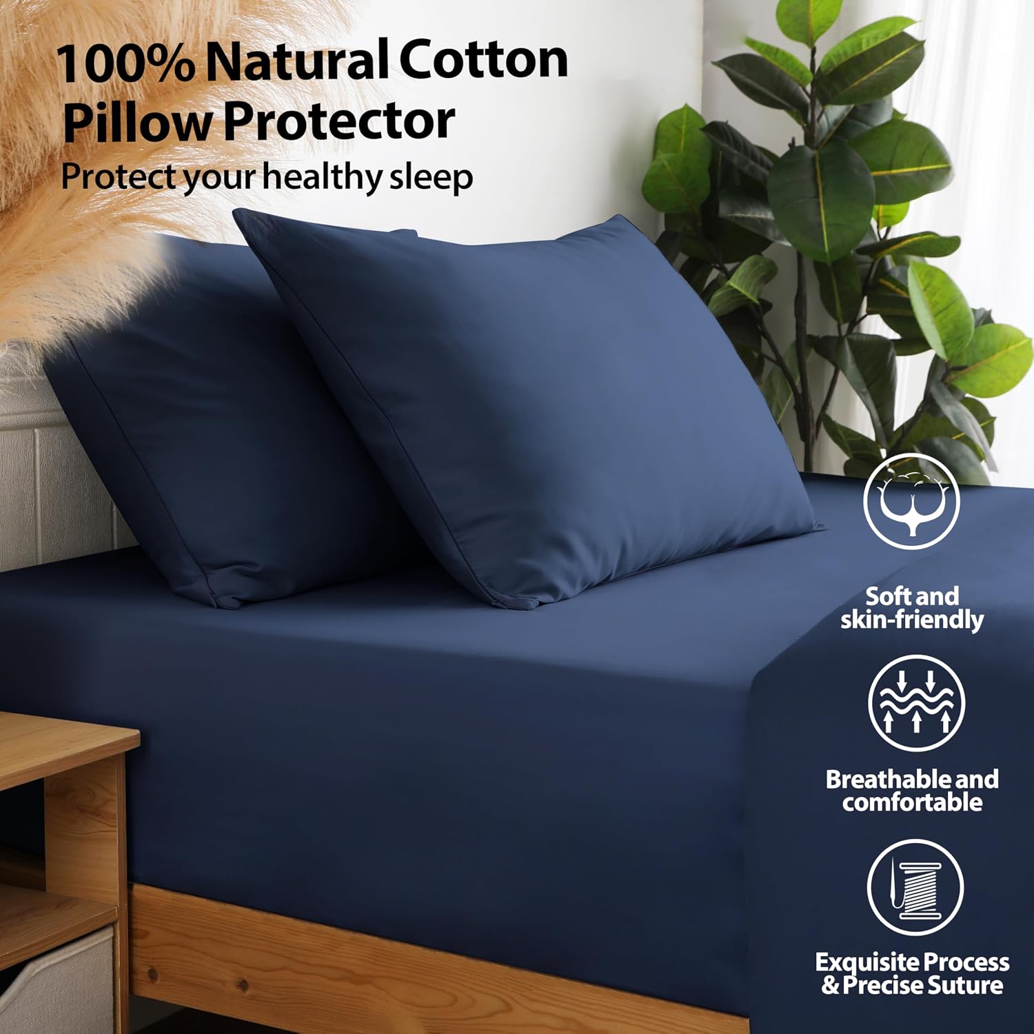 100% Cotton Classic Pillow Protectors with Invisible Zipper, 600 Thread Count Sateen Weave Soft and Breathable Pillow Cases, Protect…