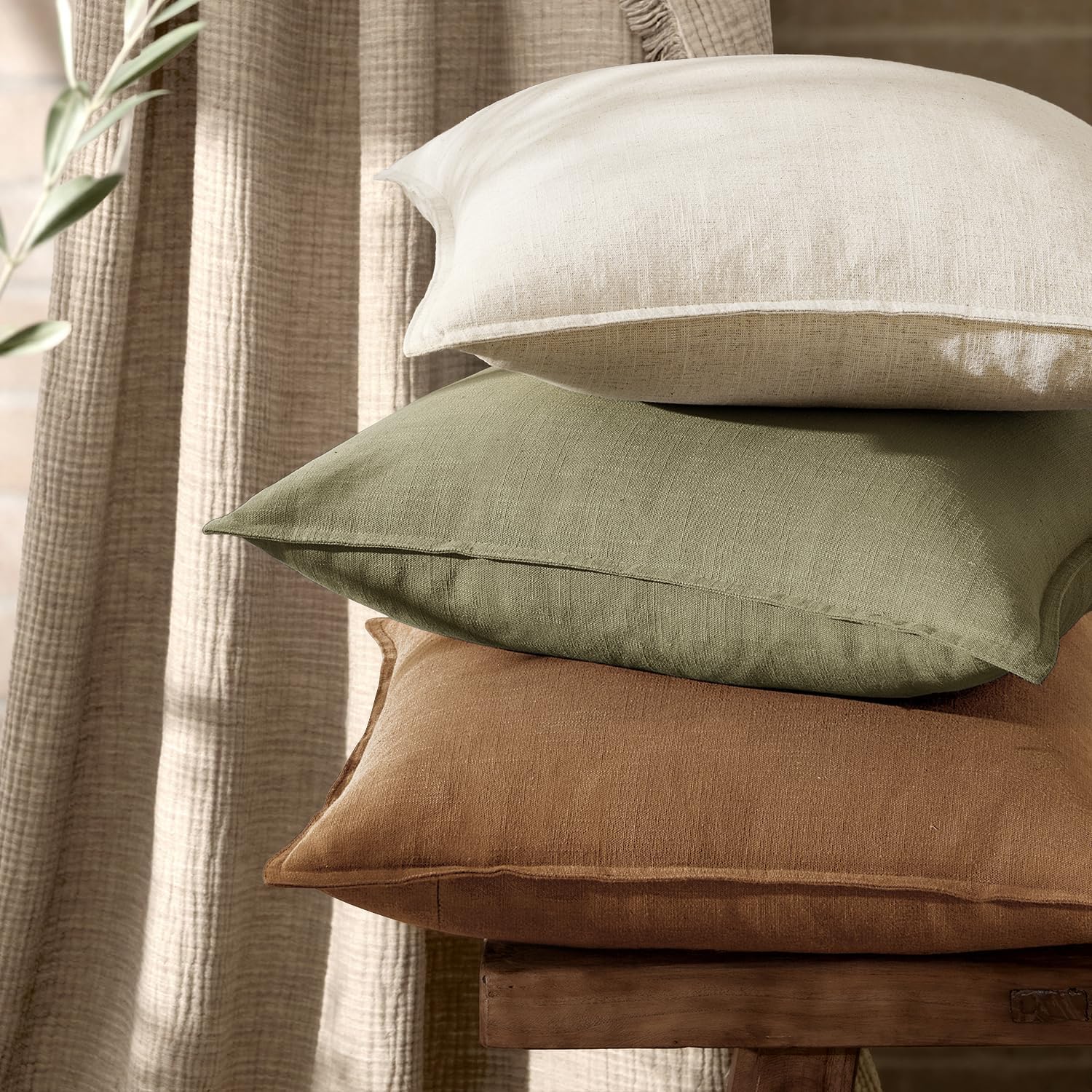 Anroduo Pack of 2 Decorative Linen Pillow Covers Brown Neutral Farmhouse Boho Soild Cushion Case Soft Accent Pillowcase for Couch Sofa Bedr…