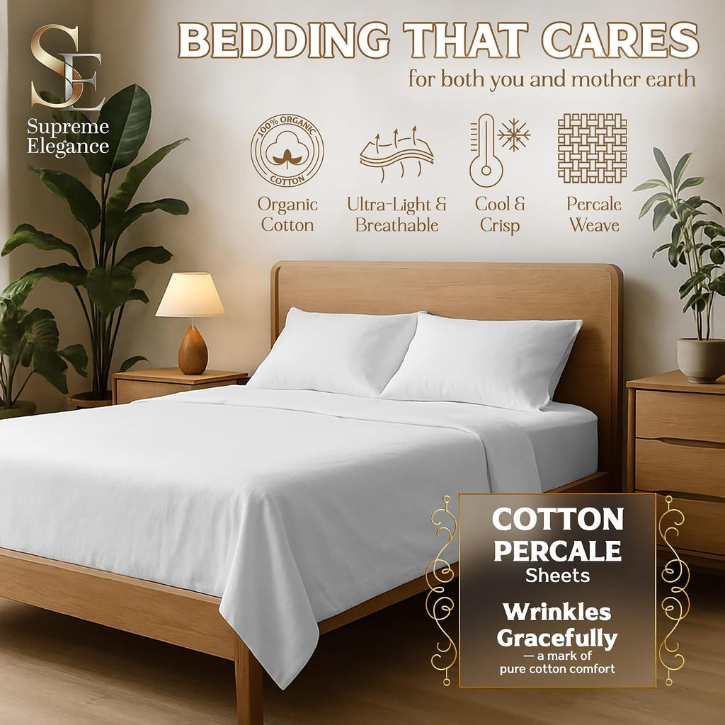SupremeElegence SUPREME ELEGANCE 4Pc 100% Organic Cotton Queen Sheets Set, Snow White, Cooling Percale, Deep Pocket Fitted Sheet, Fits Matt…