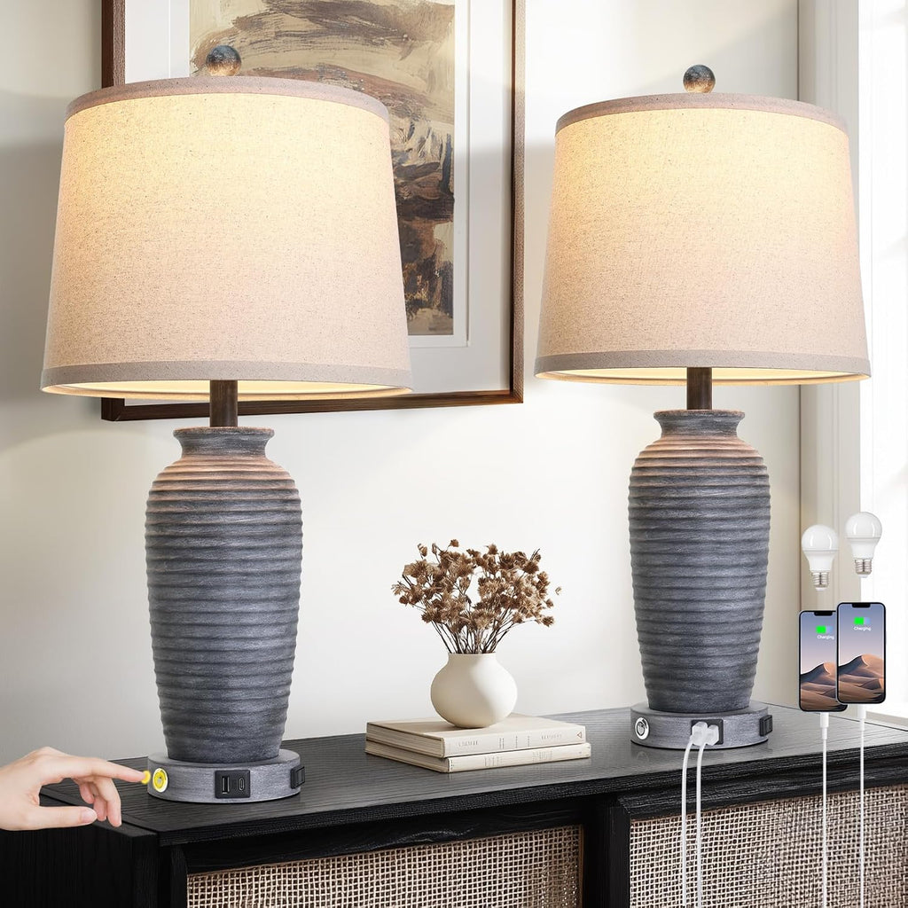 CINSARY 25" Retro Distressed Black Farmhouse Jar Table Lamps Set of 2, 3 Way Touch Control Rustic Bedside Lamps with USB A+C Ports & AC…