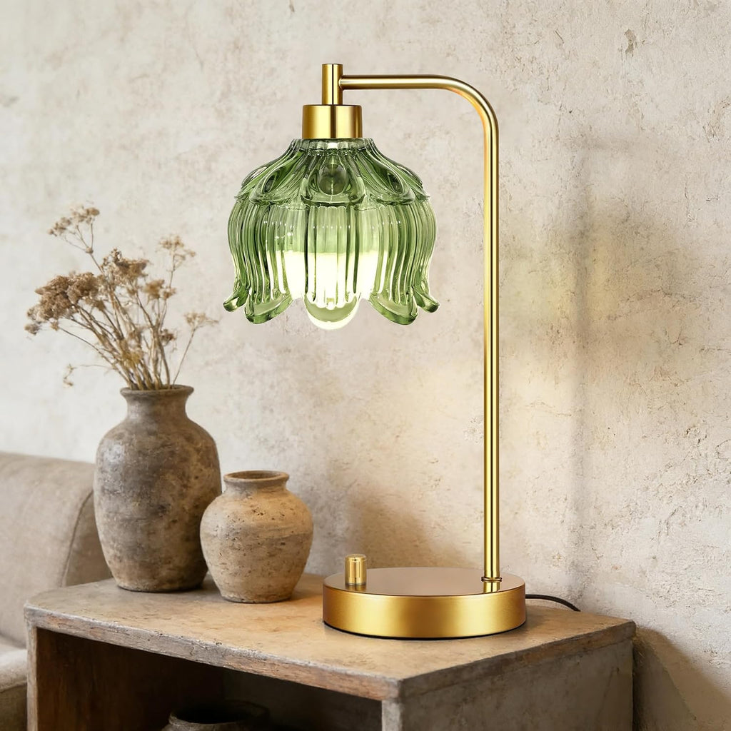 ILLMTW Glass Table Lamp Set of 2, Small Gold Bedside Lamps Dimmable Boho Bedroom Lamp with Tulip Flower Green Lamp Shade, Vintage Mid…