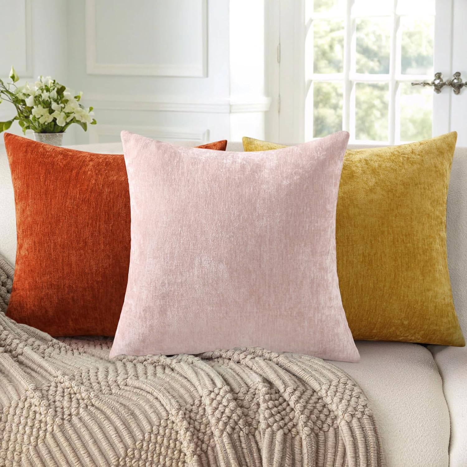 decorUhome Chenille Blush Pink Summer Throw Pillow Covers 20x20 Inch Set of 2, Decorative Soft Couch Pillow Covers Solid Dyed Accent Farmho…