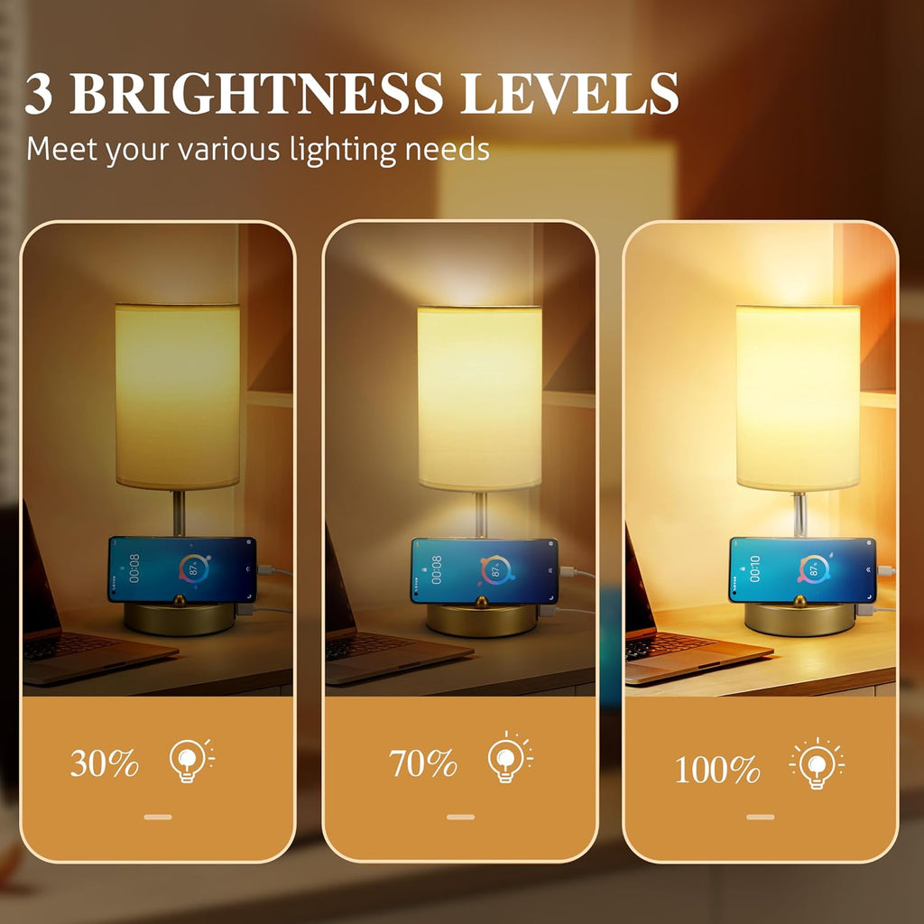 Briever Touch Control Table Lamp for Bedroom, 3-Way Dimmable Nightstand Lamp with USB Charging Ports, Bedside Desk Lamp with Gold Phone…