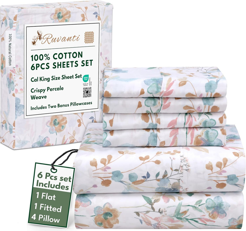 Ruvanti 100% Cotton Percale Sheets California King Size 6 Piece Set, Cooling Bed Sheets for Hot Sleepers, Deep Pocket 14”, Breathable Light…