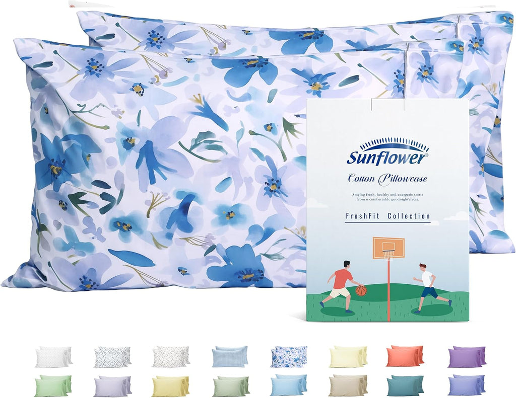 Sunflower Queen Pillowcases Set of 2, 100% Cotton Queen Size Pillow Cases 2, 20×30 inches Blue Bloom, Soft and Breathable