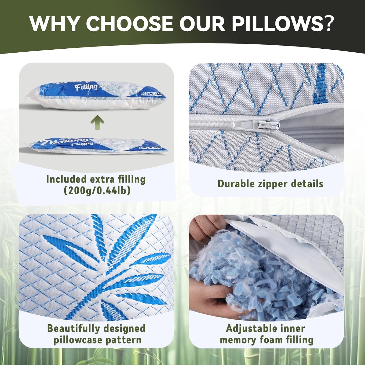 Btasleeephomeyland 2 Pack King Size Rayon Derived from Bamboo Pillow, Cooling Shredded Memory Foam Pillows, Adjustable Soft & Firm Gel Bed…