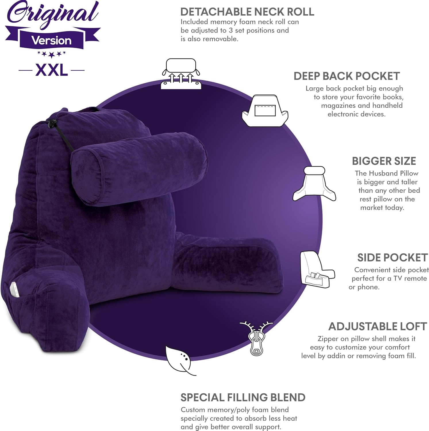 Husband Pillow XXL The Original for Adults - 30" Tall Backrest for Sitting Up in Bed - Firm Support Reading & Bed Rest Pillows for…