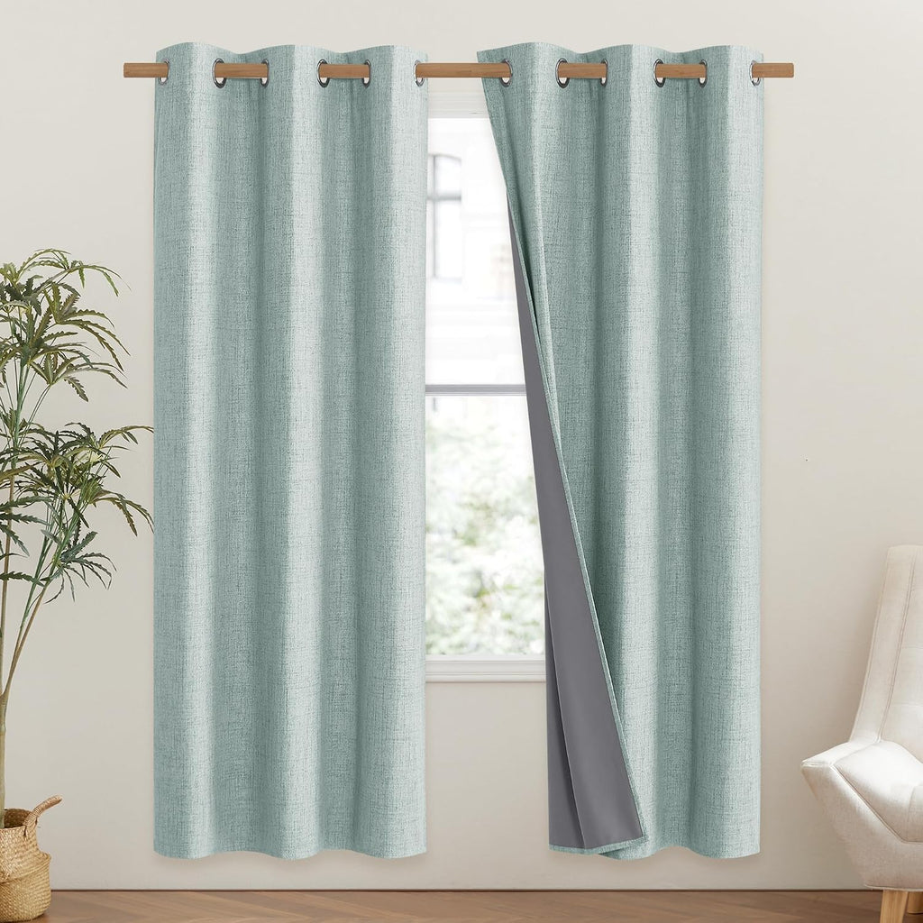 NICETOWN 100% Absolutely Blackout Linen Curtains with Thermal Insulated Liner, Seafoam Green, 42" Wide, 72" Length Energy Saving Curtains…