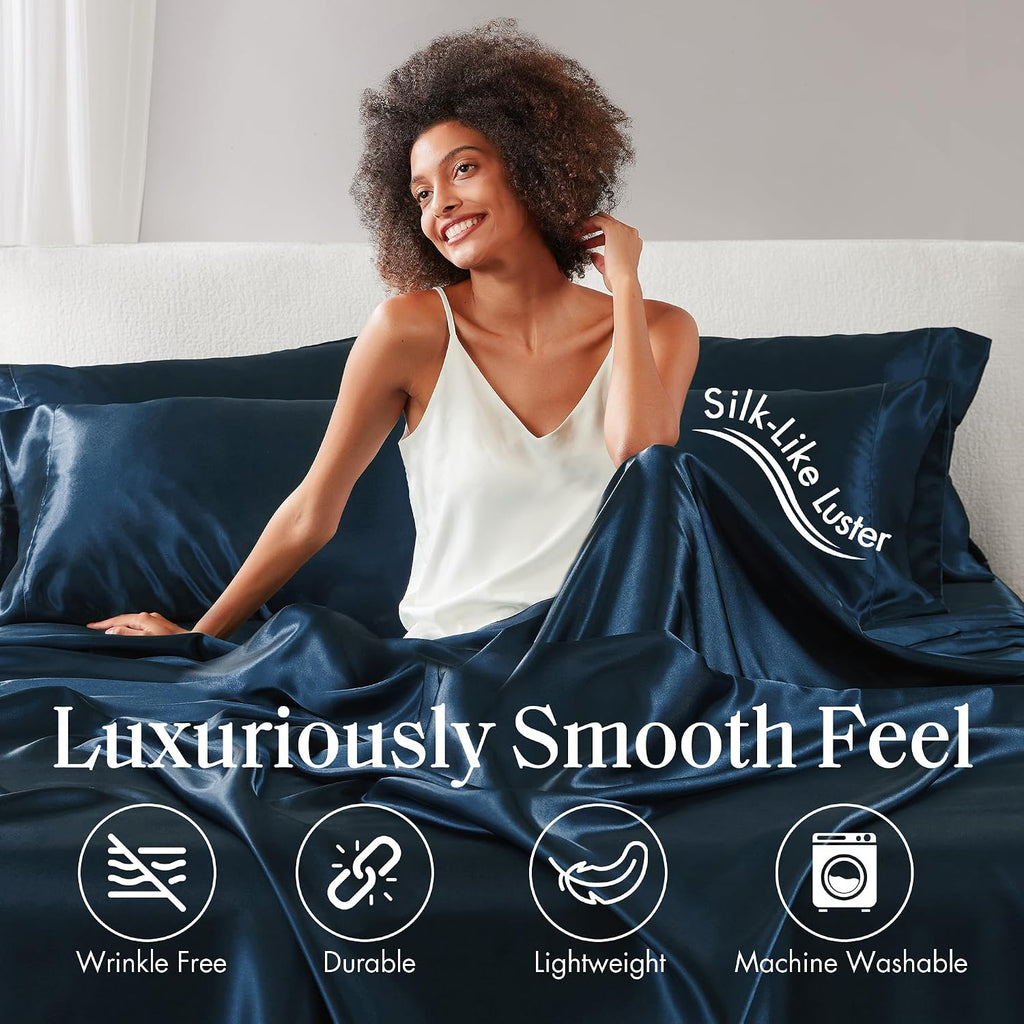 Madisonpark Madison Park Satin Sheets Cal King Size, Luxurious Silky Bed Sheets, Elastic 14" Pocket fits up to 16" Mattress, Wrinkle-Free,…