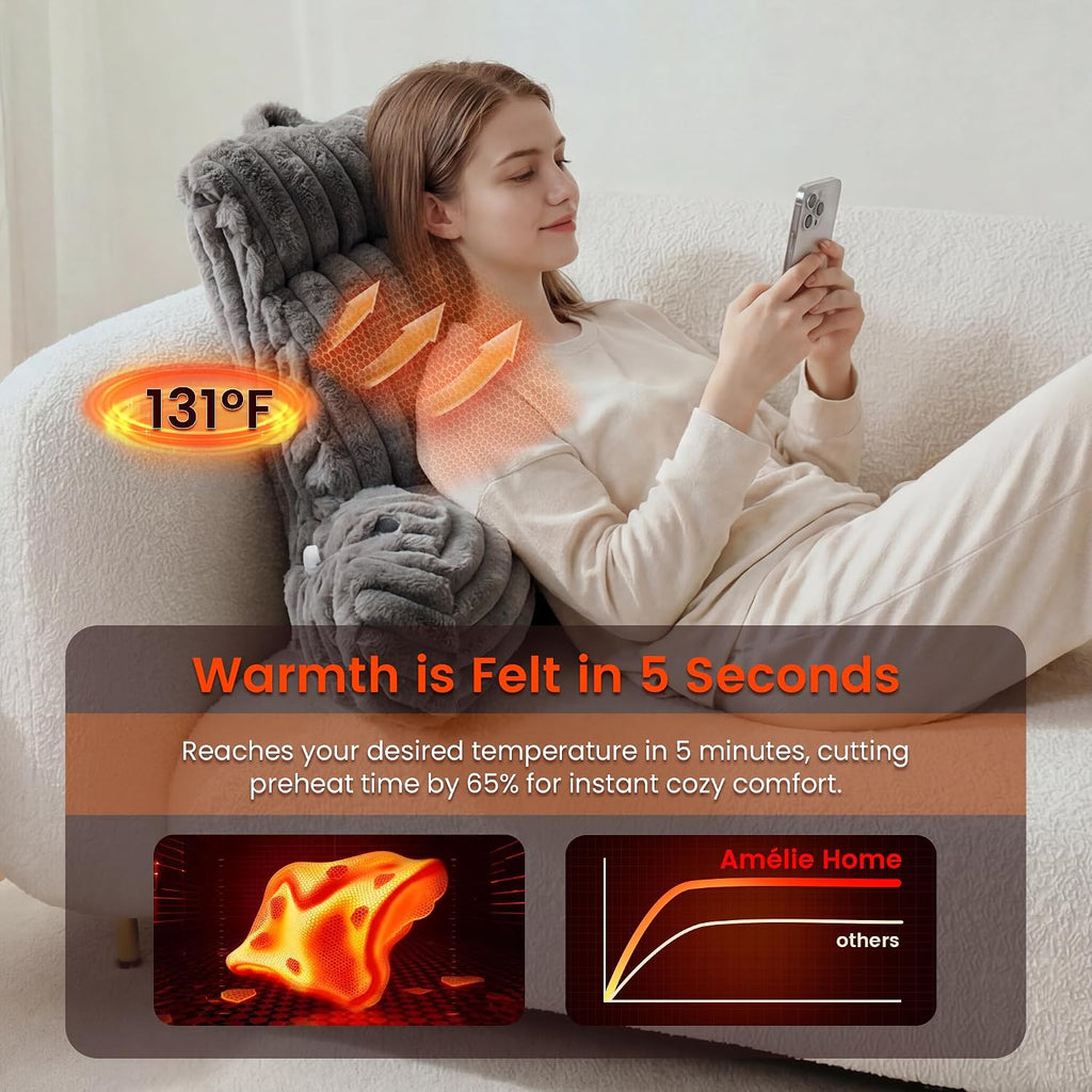 Amélie Home Heated Faux Fur Reading Pillow 3 Temperature Backrest for Sitting in Bed Support Cushion, USB-Powered(No Power Bank Included)…