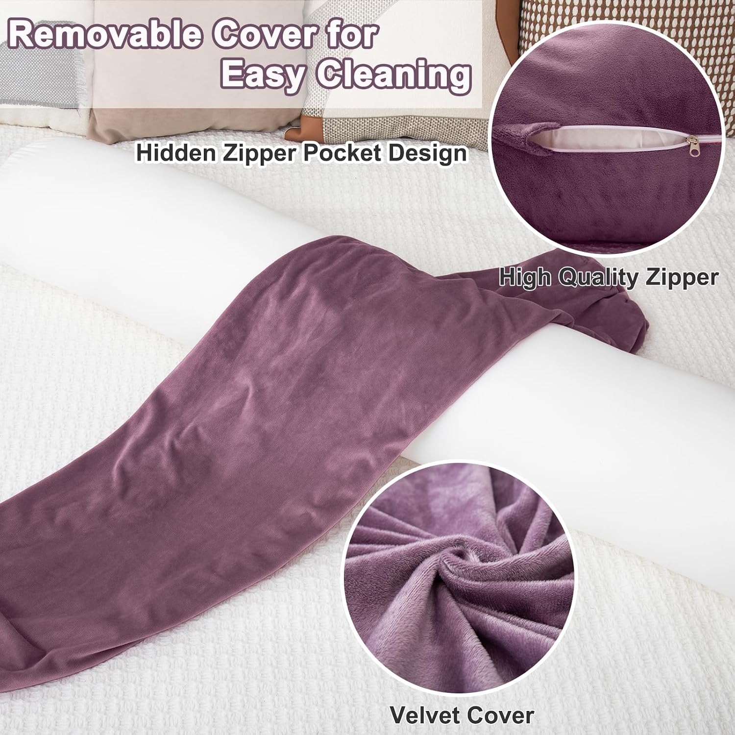 1 MIDDLE ONE Bolster Pillow for Bed, Long Round Body Pillow for Adults with Removable Velvet Cover, Decorative Tube Roll Cylinder Pillow…