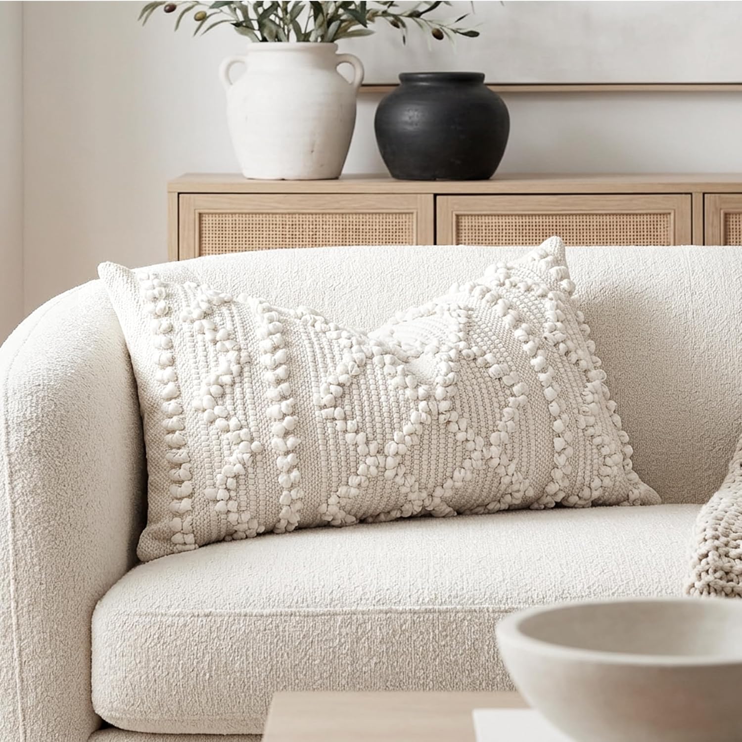 BlissBlush Pure White Decorative Lumbar Pillow Cover 14x24, Boho Accent Throw Pillow Case for Couch Sofa Bed, Modern Farmhouse Textured…