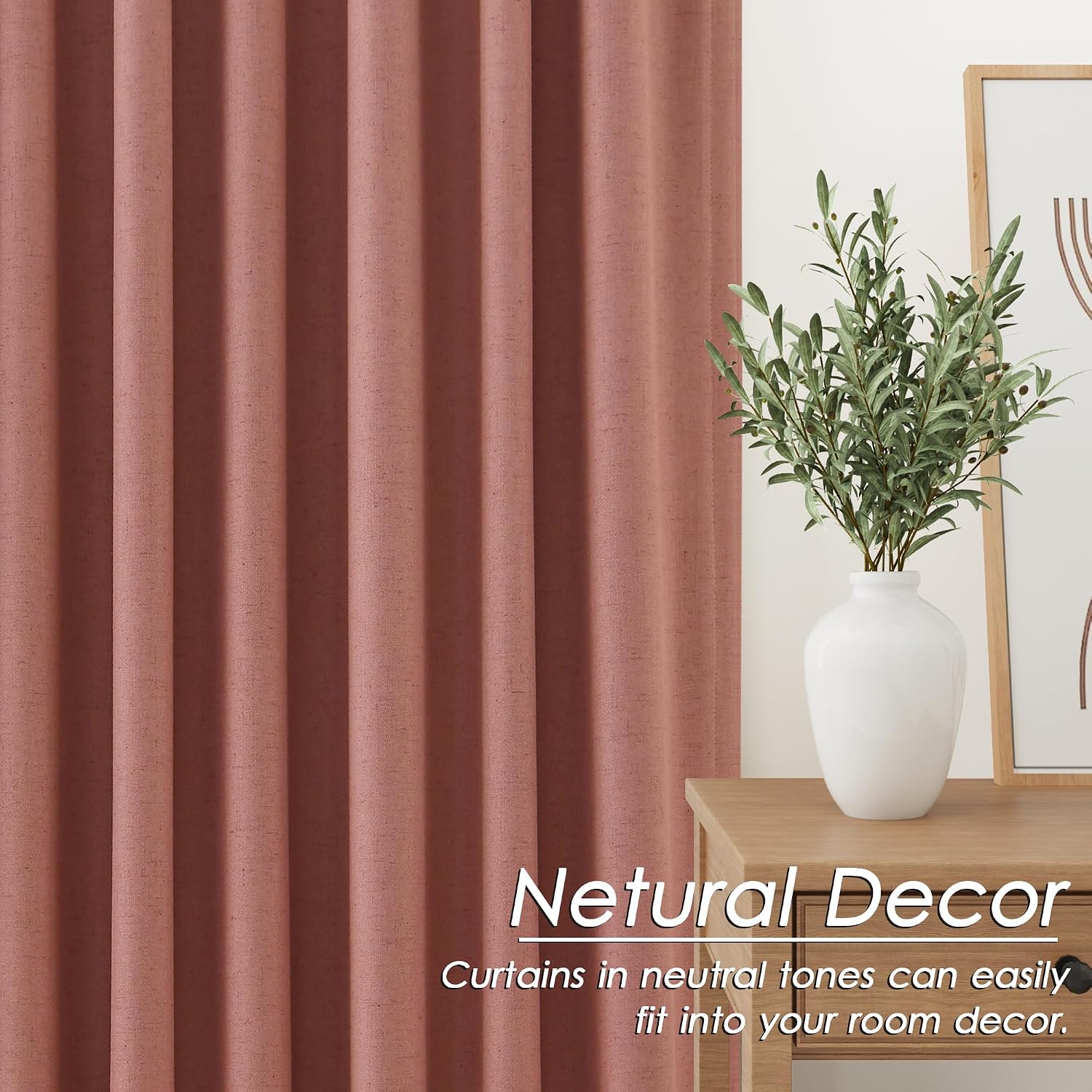 Nanspring Canyon Rose 100% Blackout Linen Curtains for Bedroom 90 Inches Long Back Tab Thermal Insulated Modern Boho Decor Black Out Girl C…