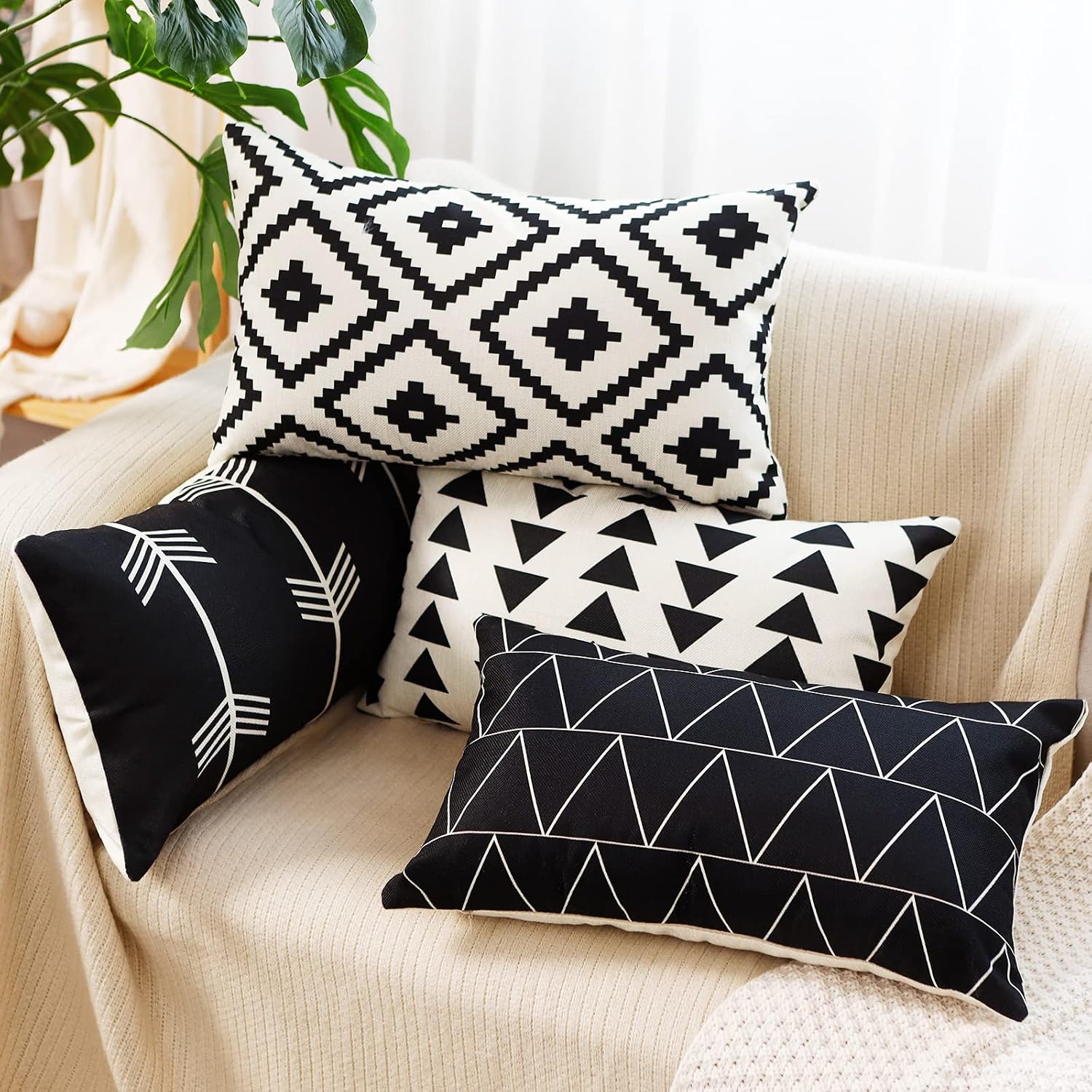 Tosewever Set of 4 Decorative Geometric 12 x 20 Inches Throw Pillow Covers - Modern Pattern Linen Rectangle Pillow Cushion Case for Sofa Co…