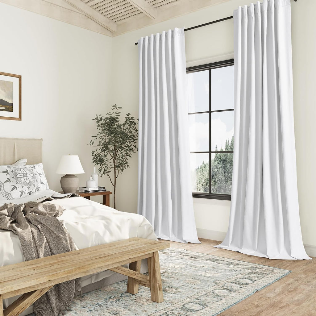 Guken White 100% Blackout Linen Curtains 144 Inch Length 2 Panels Set for Living Room Bedroom Back Tab Thermal Insulated Black Out Drapes R…