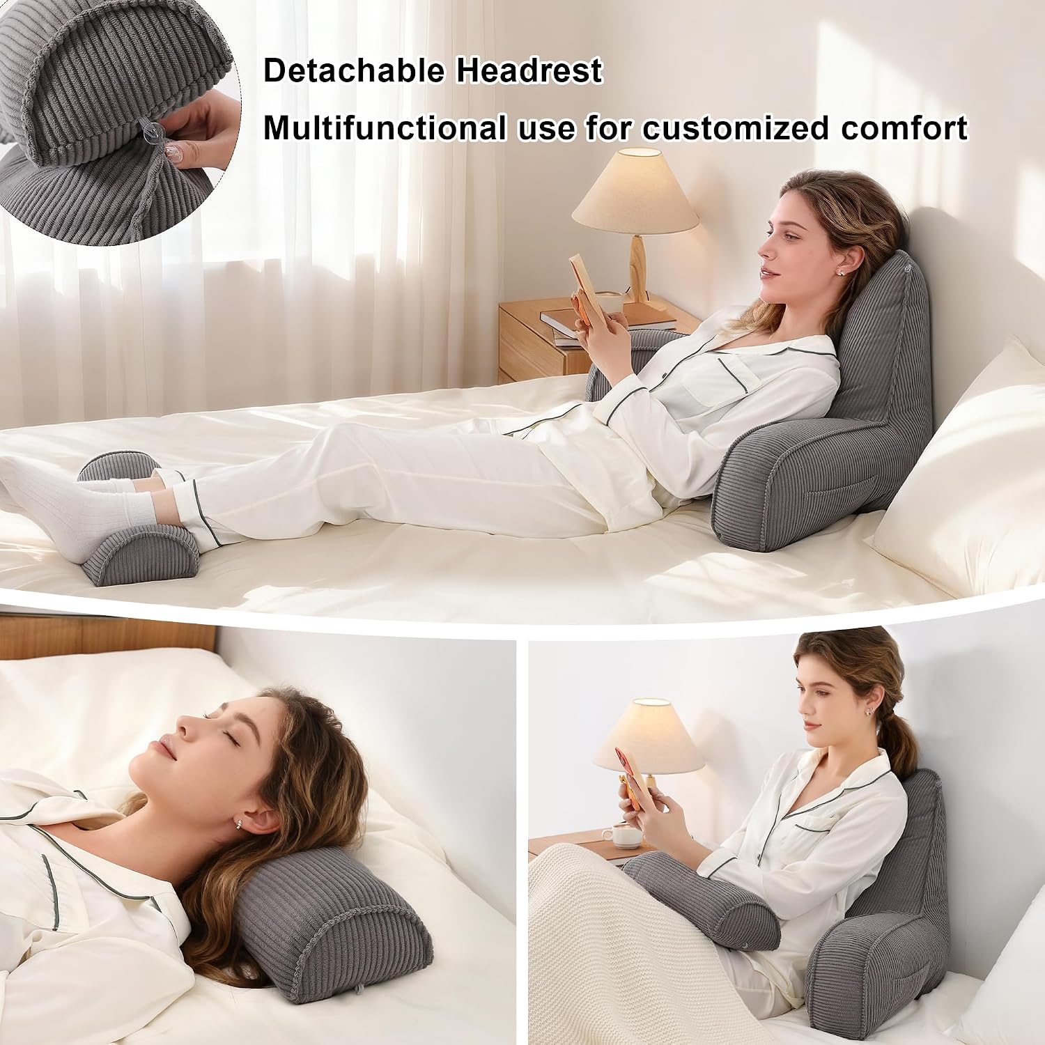 Ailuteie Reading Pillow for Sitting Up in Bed, Sofa & Floor – Corduroy Backrest Pillow with Arms, Side Pockets & Washable Cover, Bed Rest P…