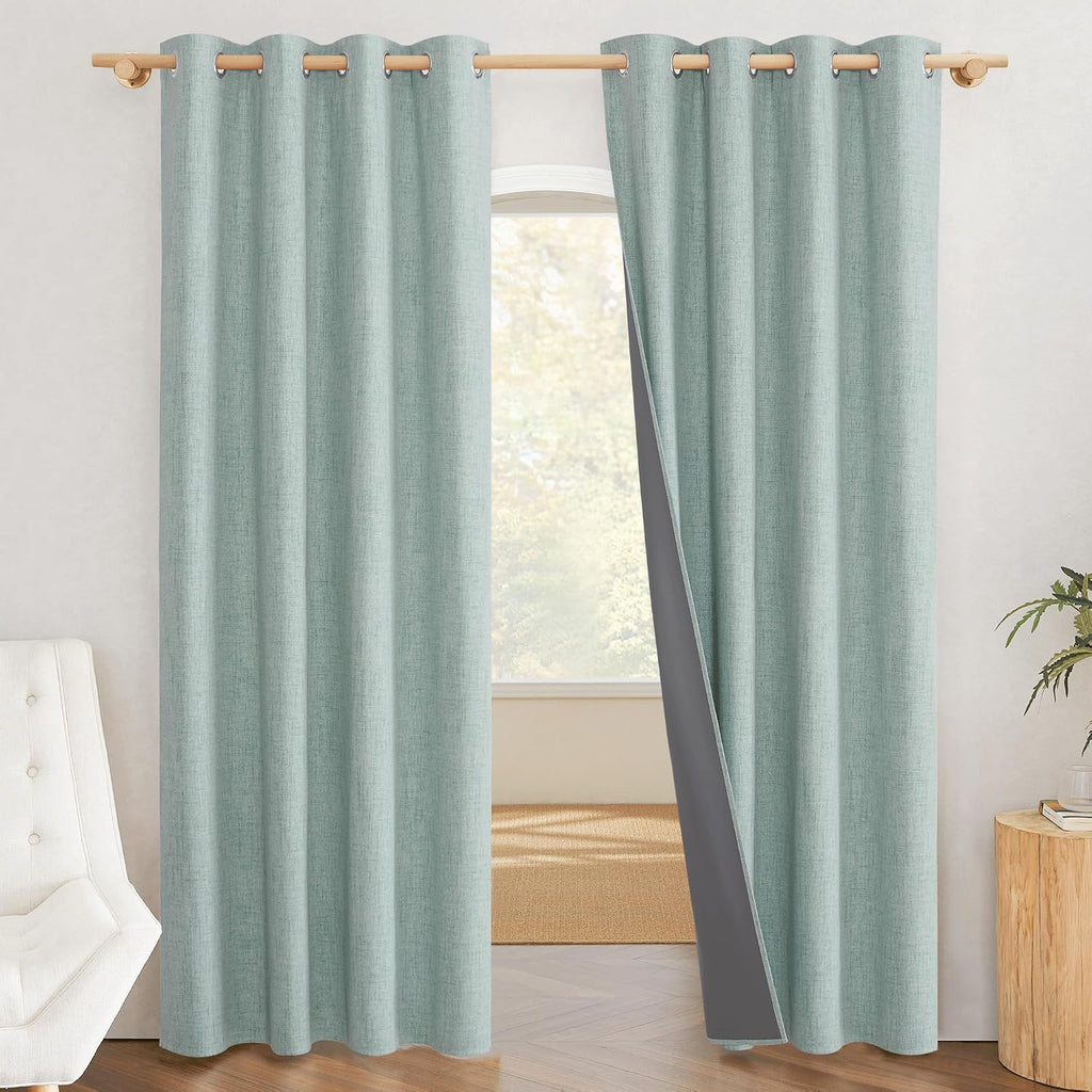 NICETOWN 100% Absolutely Blackout Linen Curtains with Thermal Insulated White Liner, Seafoam Green, 52" Wide, 90" Length Energy Saving…