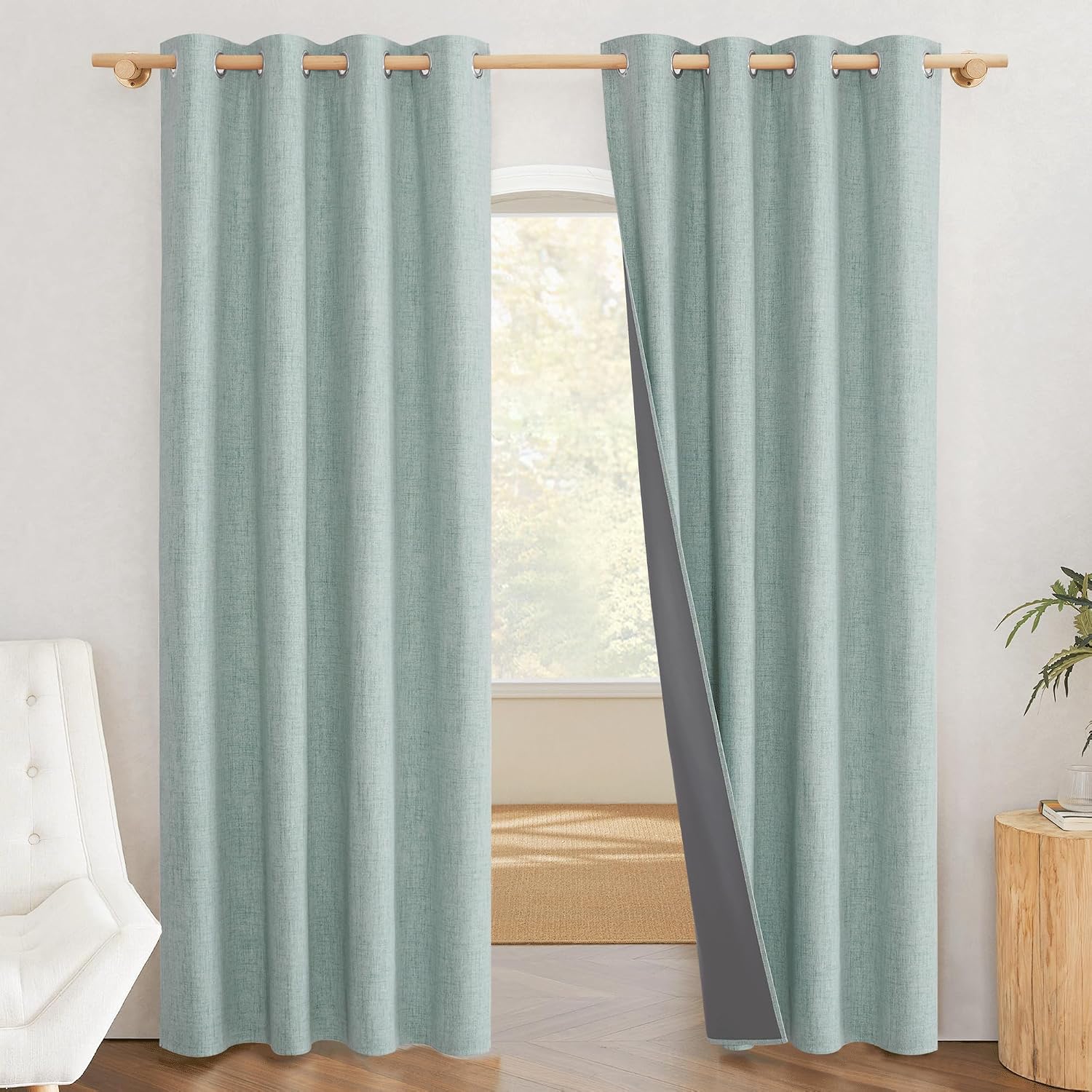 NICETOWN 100% Absolutely Blackout Linen Curtains with Thermal Insulated White Liner, Seafoam Green, 52" Wide, 90" Length Energy Saving…