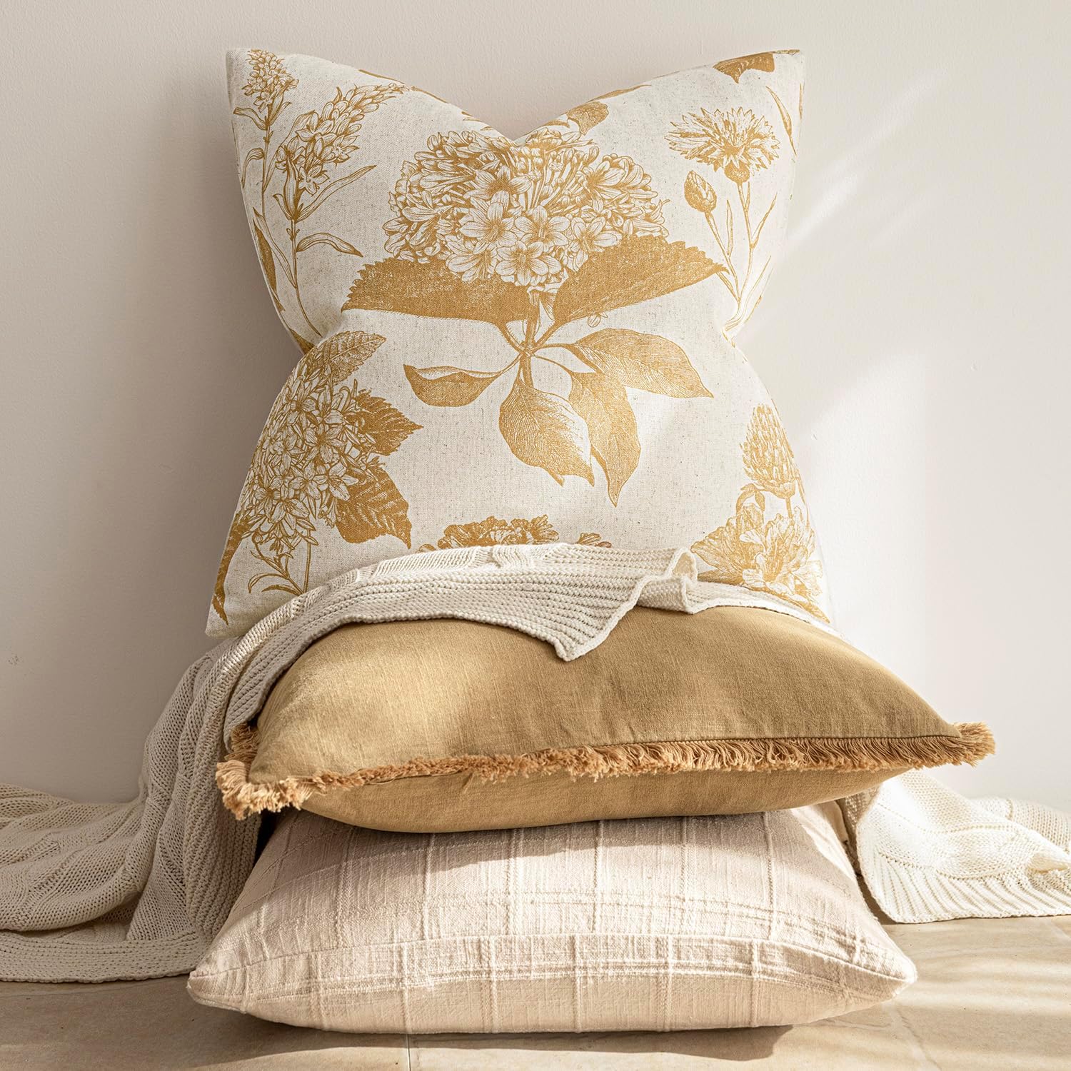Foindtower Set of 2 Linen Floral Vintage Throw Pillow Covers Neutral Accent Print Decorative Cozy Cushion Covers Farmhouse Home Decor for…
