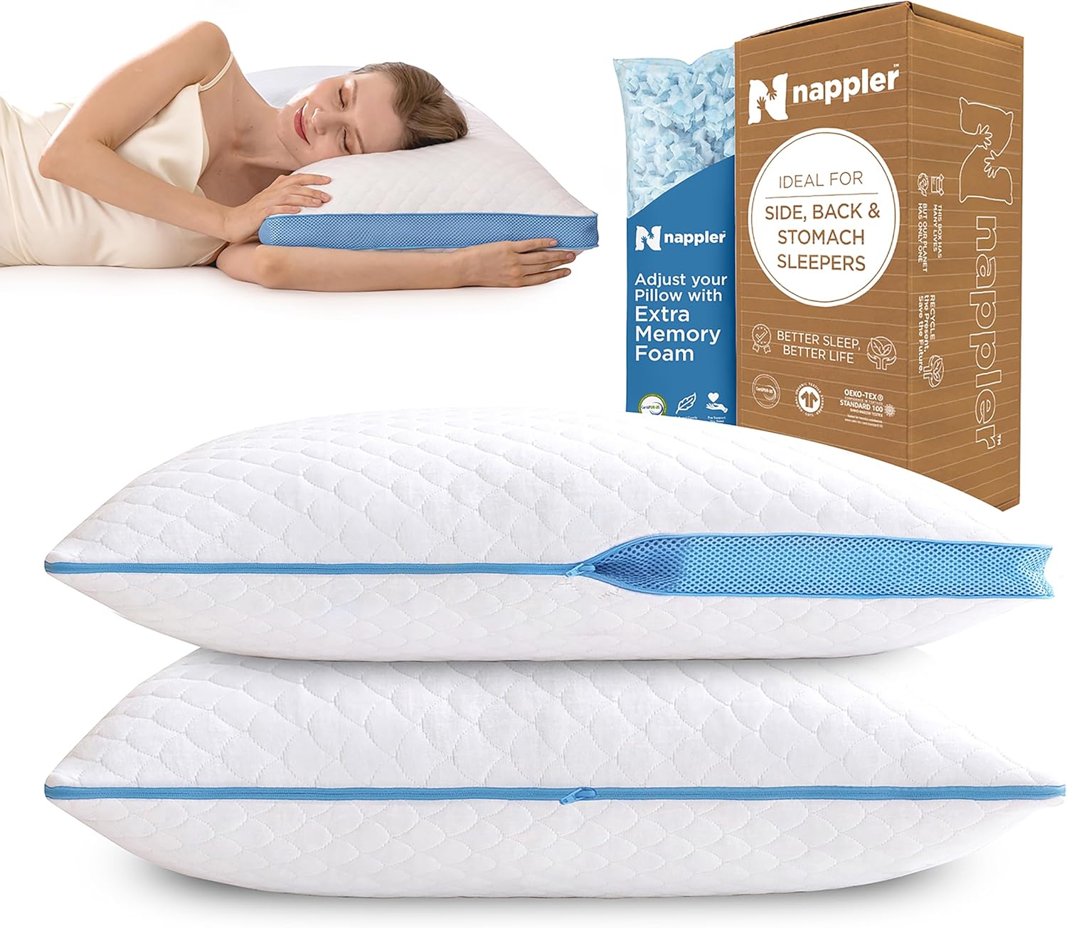 Nappler Side and Back Sleeper Pillow for Neck and Shoulder -Shredded Memory Foam Bed Pillow for Sleeping - 100% Adjustable Fill - Standard…