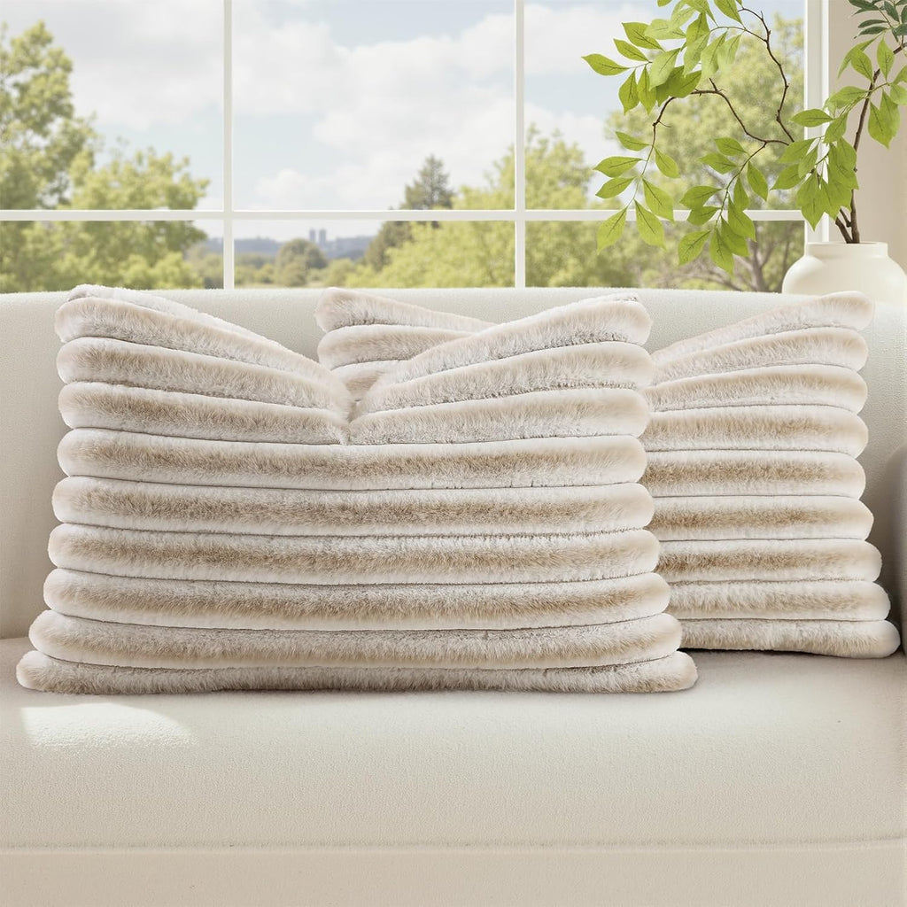 decorUhome Summer Cozy Faux Fur Throw Pillow Covers 12x20 Set of 2 Decorative Soft Plush Striped Lumbar Modern Farmhouse Boho Couch Pillow…