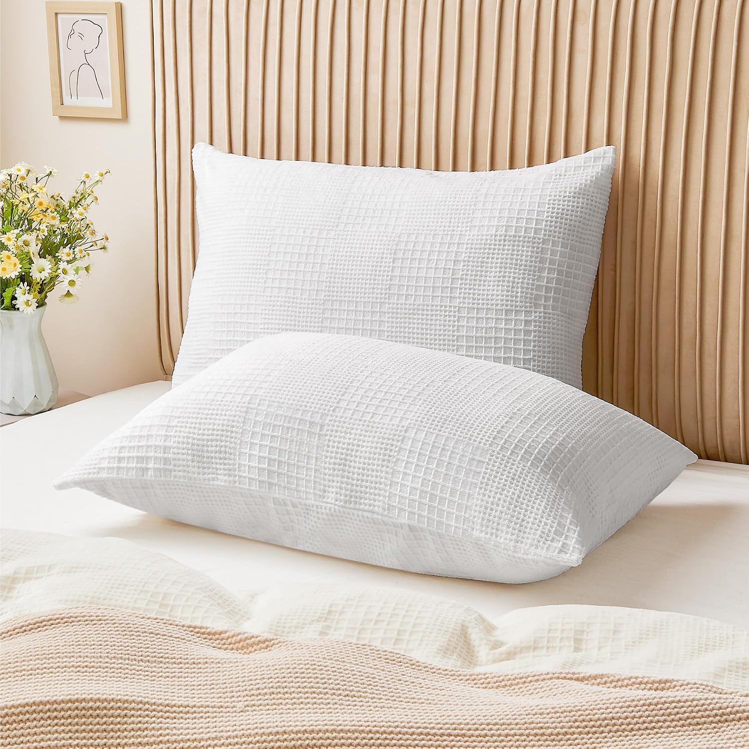 Bedelite Flannel King Size Pillow Cases Set of 2, Decorative Waffle Weave Fleece Pillowcasess with Zipper for Bedroom, Sofa, Luxury Cozy Pi…