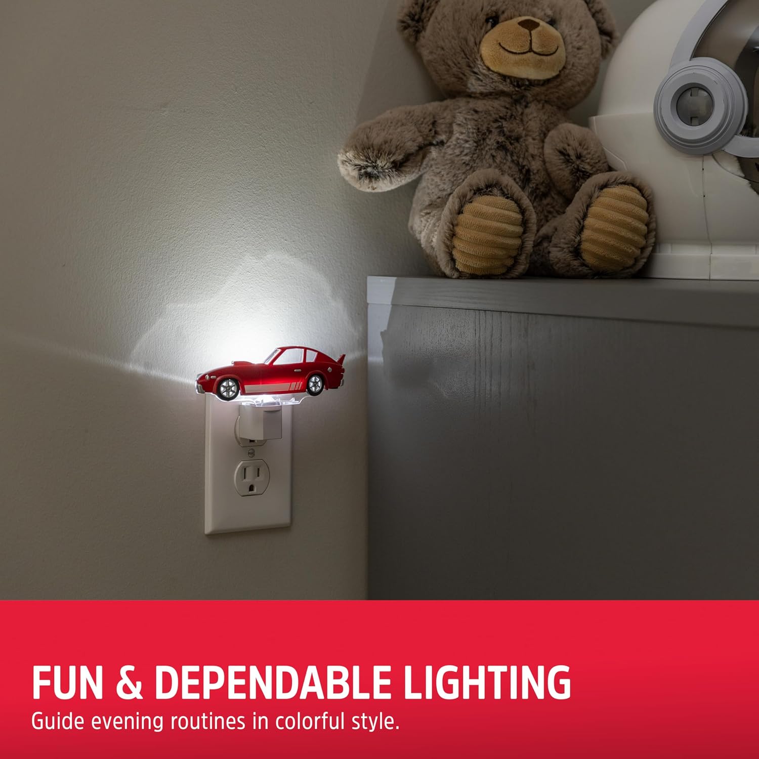 Energizer Race Car Night Light, Light Sensing, LED, Soft White, 3000K, Red, Nightlight for Bedroom, Bathroom, Nursery, Hallway, Kitchen…