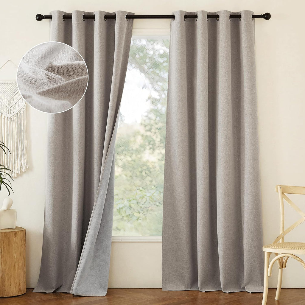 NICETOWN 100% Blackout Natural Faux Linen Curtains 95 inches Length for Dining Room, 2 Panels Set, 52" Wide, Farmhouse Style Room Cooling…