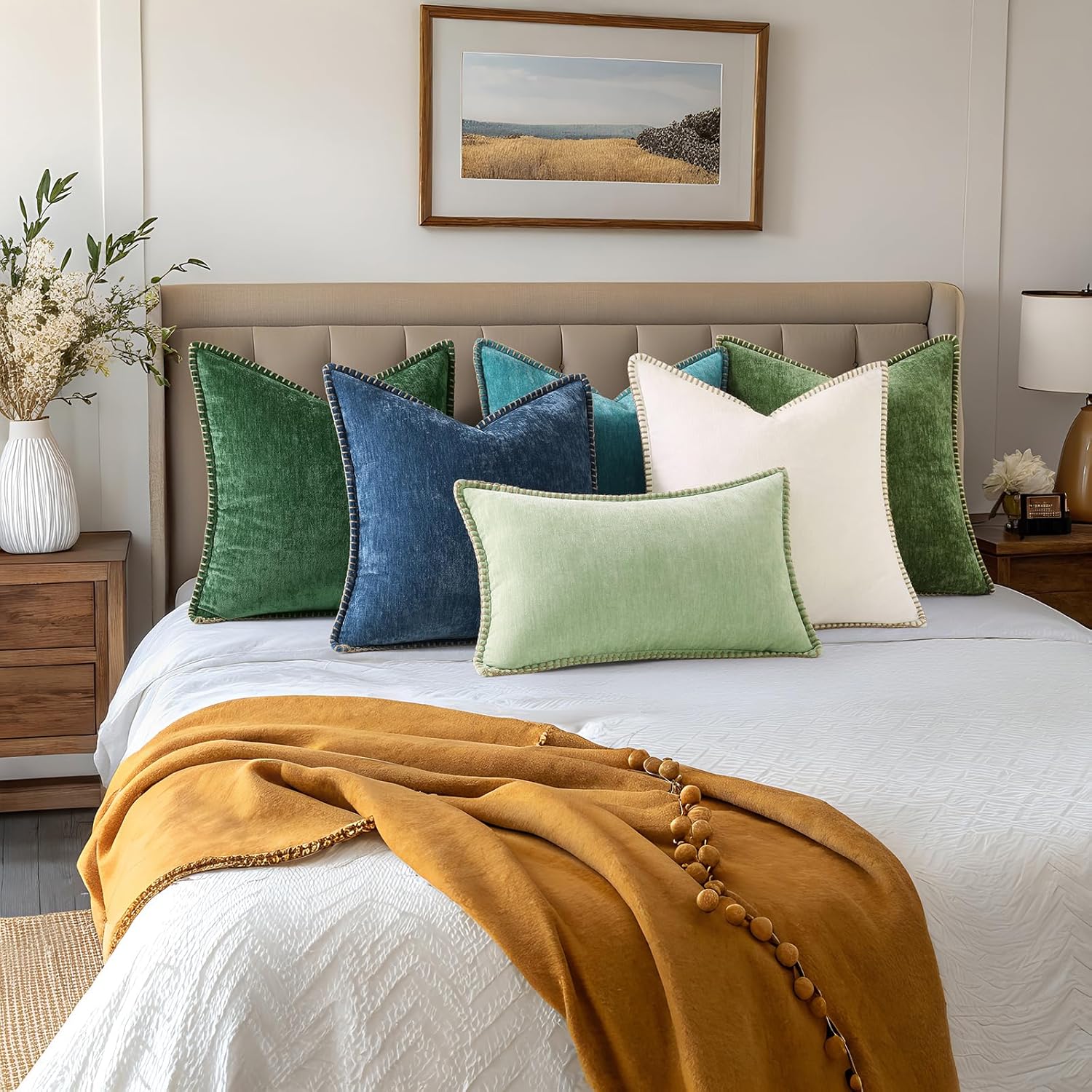 decorUhome Chenille Soft Cozy Throw Pillow Covers 24x24 Set of 2, Modern Farmhouse Boho Velvet Decorative Euro Sham Pillow Cases with Stitc…