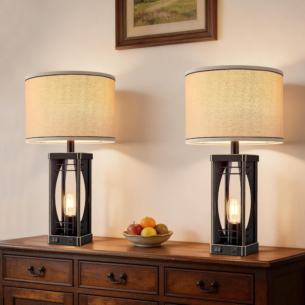SRJJA Farmhouse Table Lamps Set of 2 for Living Room, Rustic Industrial Bedside Lamps with USB A+C Charging Ports, 22.5" Dual Light…